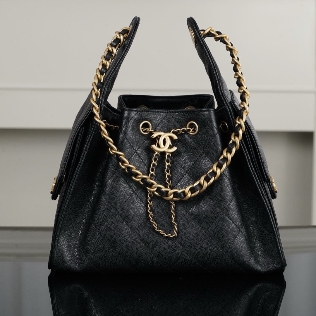 Chanel 25S Black Caviar Leather Small Drawstring Hobo Bucket Bag