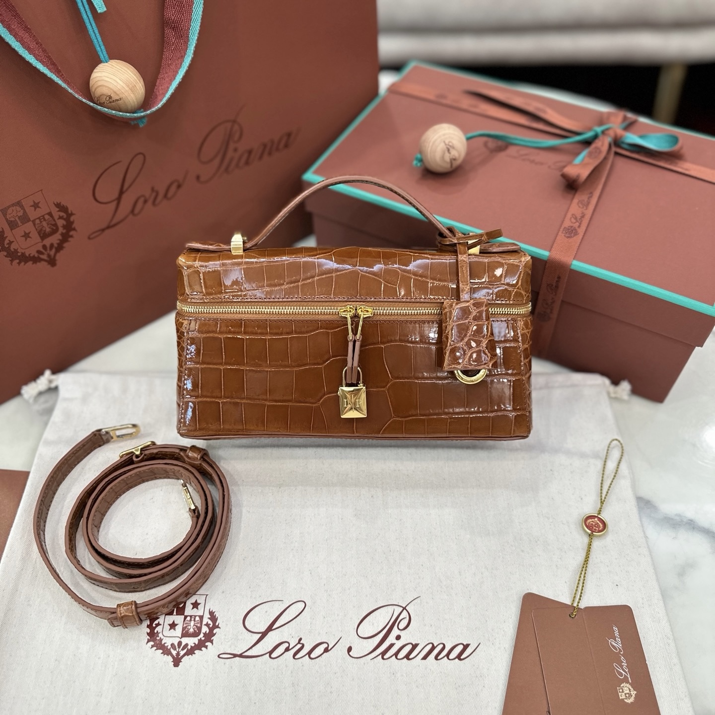 Loro Piana Extra Pocket L23 Honey Brown Crocodile Leather Crossbody Bag