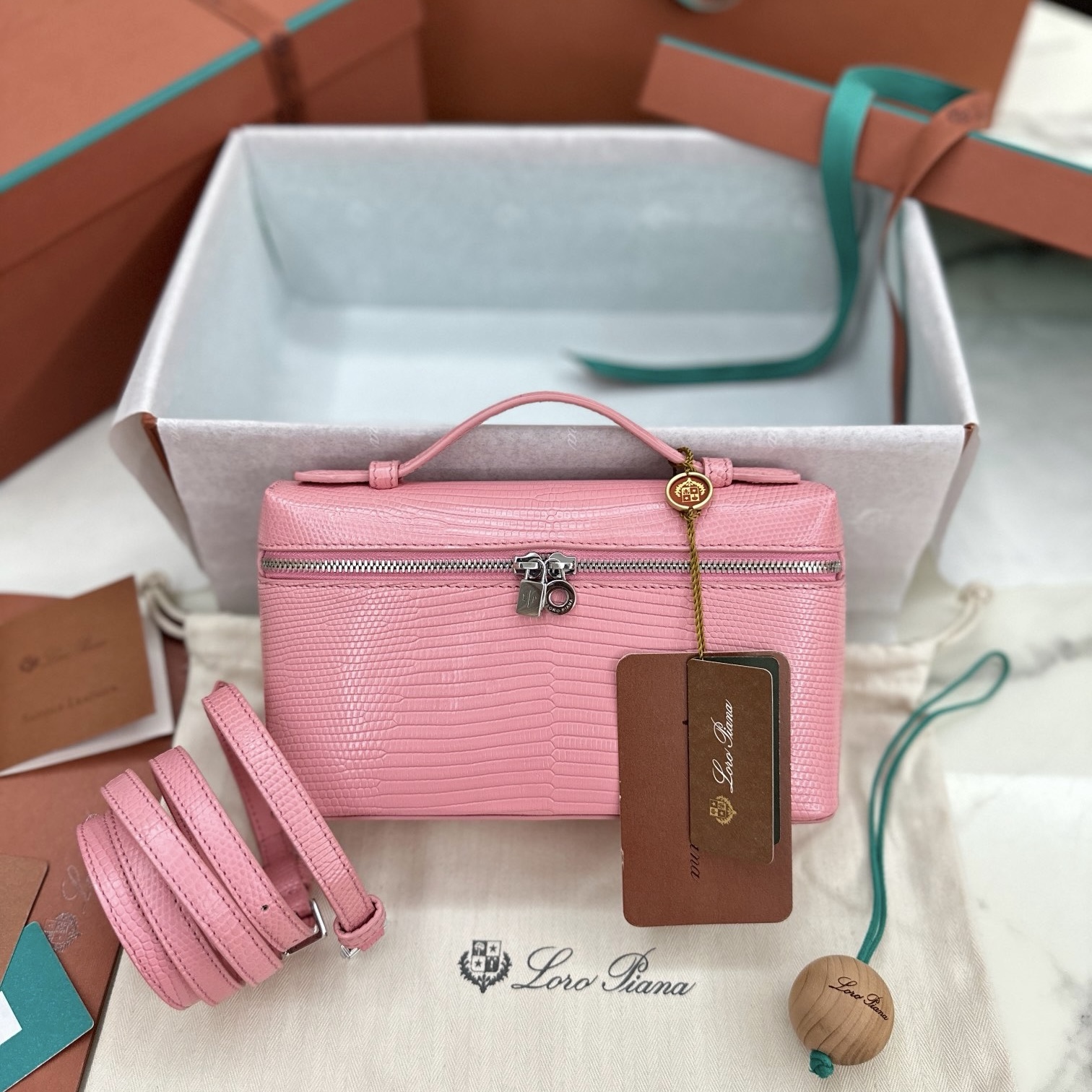 Loro Piana Extra Pocket L19 Sakura Pink Glossy Lizard Leather Silver Hardware Crossbody Bag