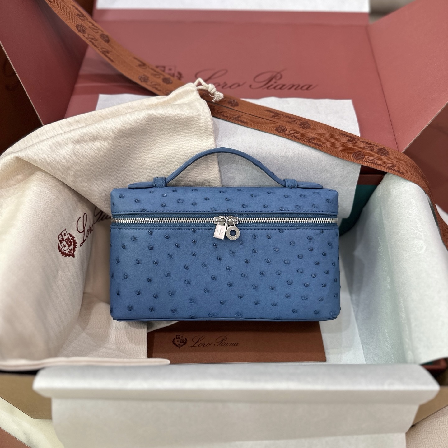 Loro Piana L19 Denim Blue Ostrich Crossbody Bag