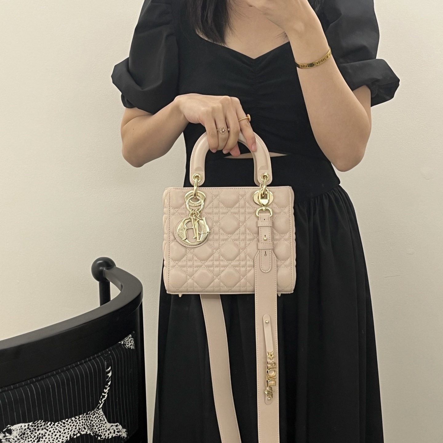 Blush pink sheepskin Dior Lady four-grid bag