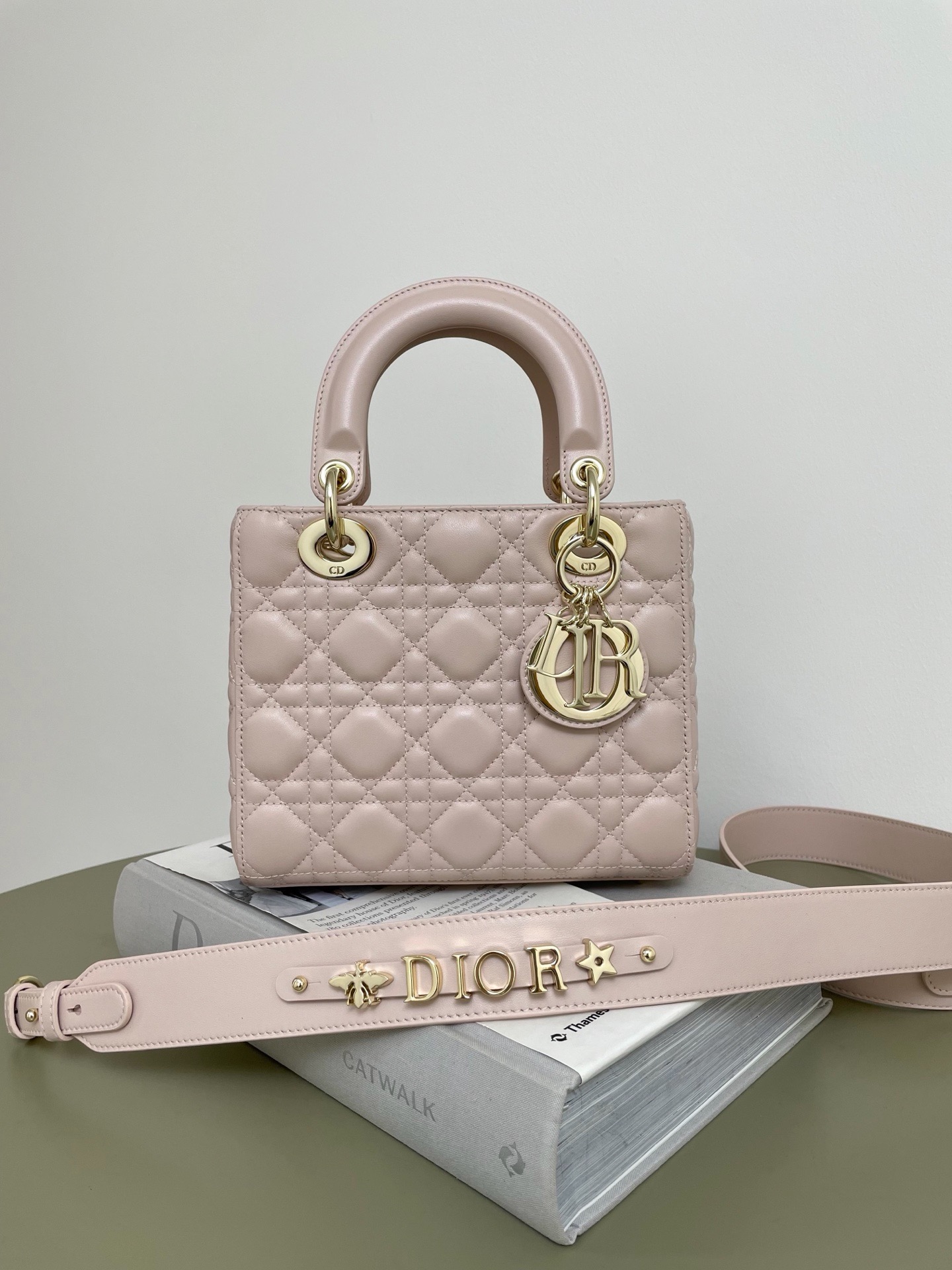 Blush pink sheepskin Dior Lady four-grid bag