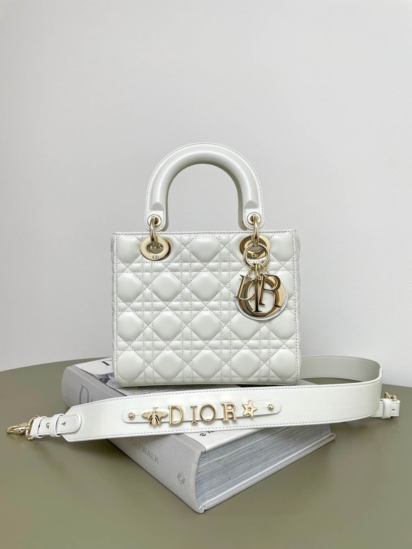 White sheepskin Dior Lady four-grid bag