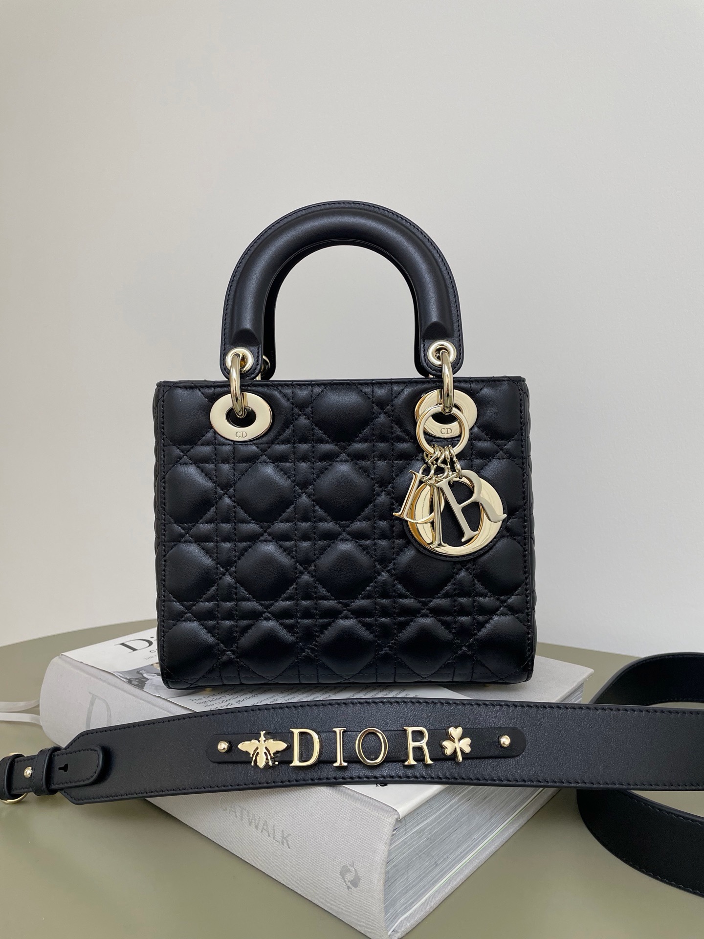 Black sheepskin Dior Lady four-grid bag
