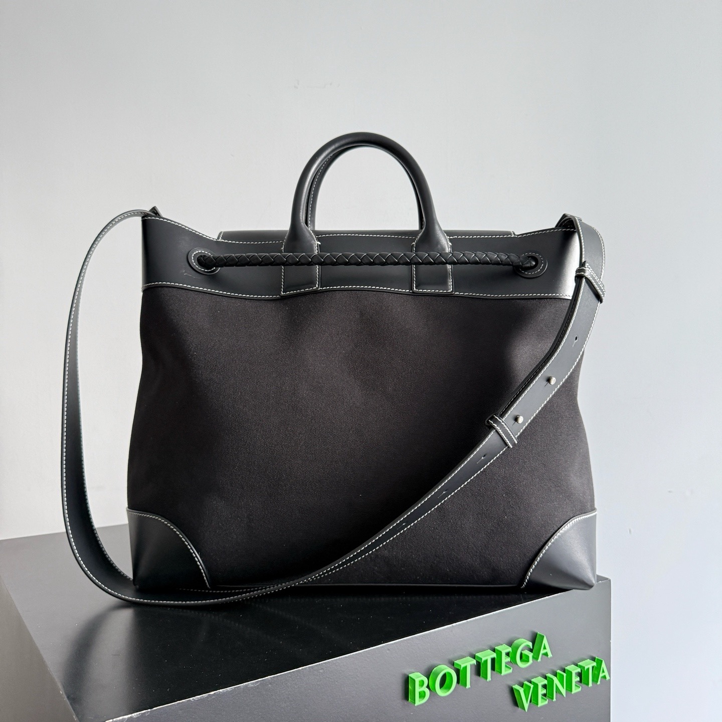 BV Andiamo Voyager tote bag black canvas leather trim