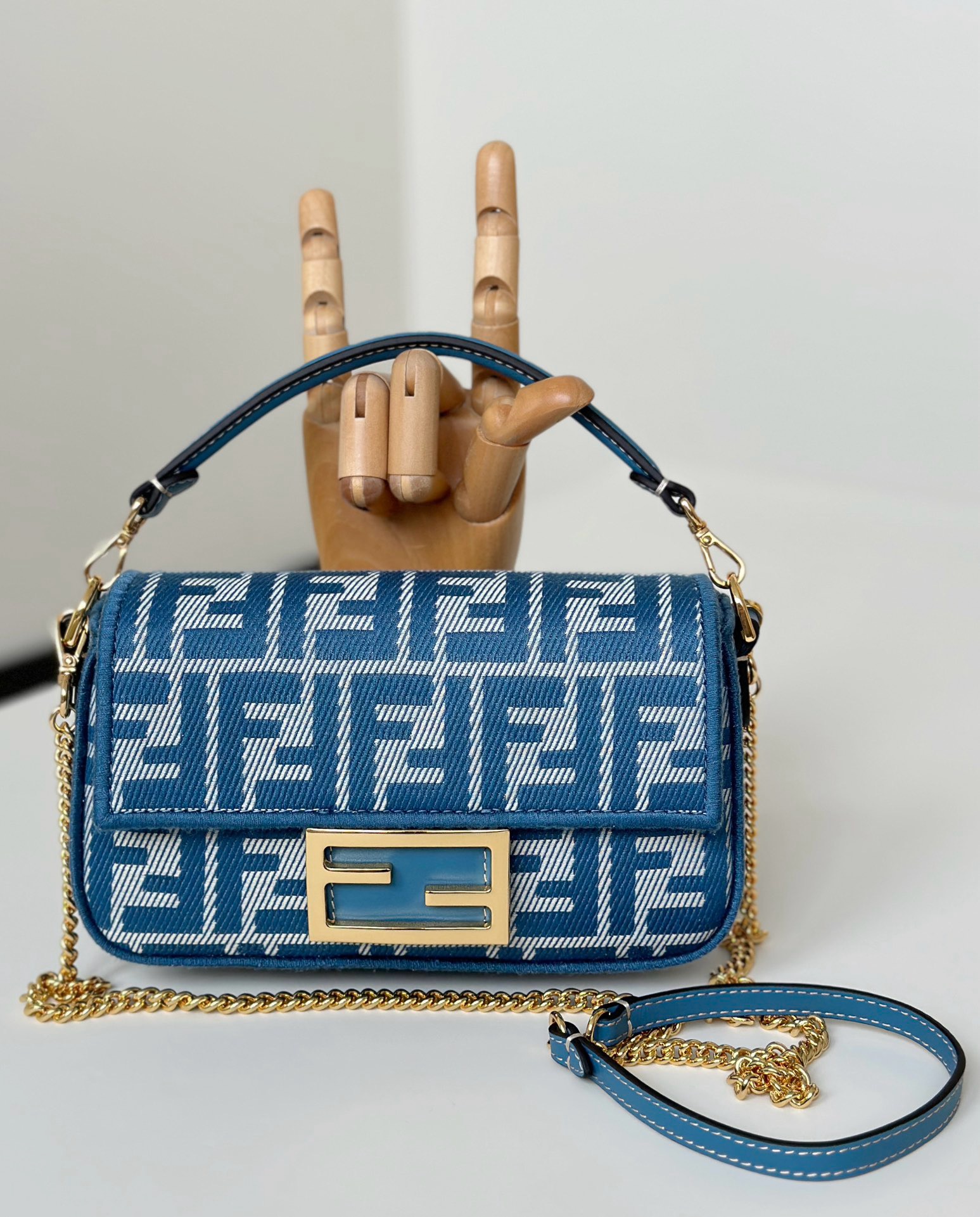 Fendi Baguette mini chain bag blue FF monogram fabric