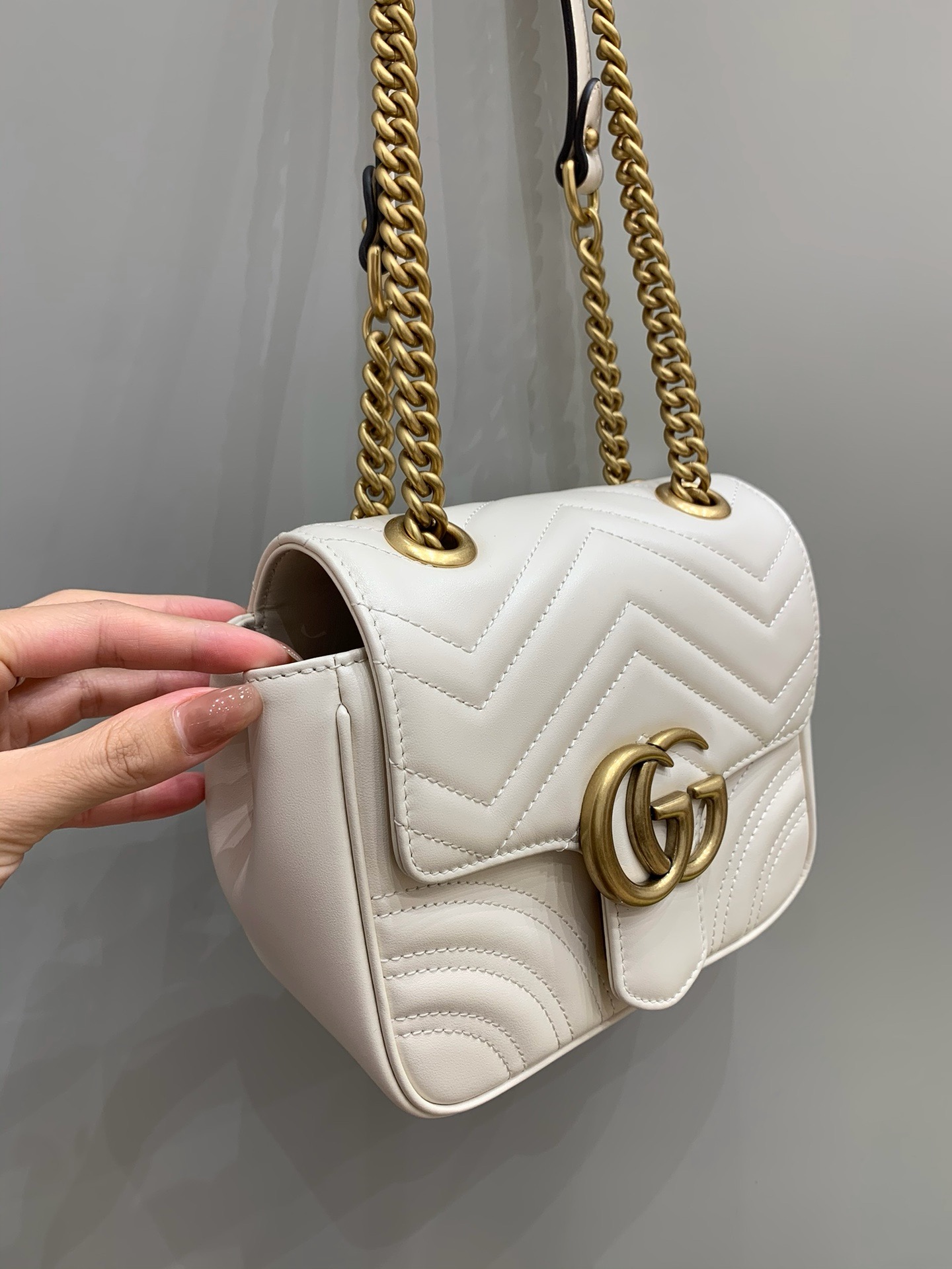 Gucci Marmont mini square bag white cow leather chain