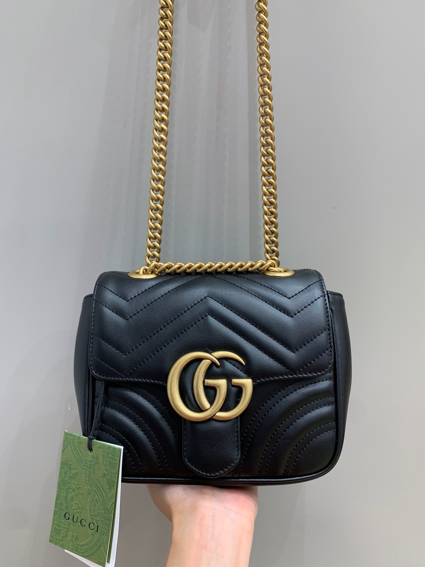 Gucci Marmont square crossbody bag black cow leather chain
