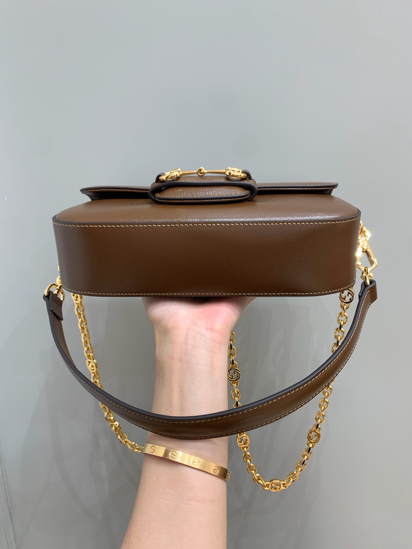 Gucci horsebit baguette brown cow leather chain crossbody bag