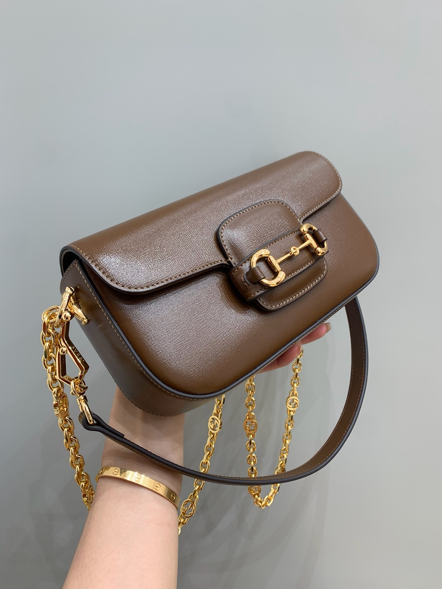 Gucci horsebit baguette brown cow leather chain crossbody bag