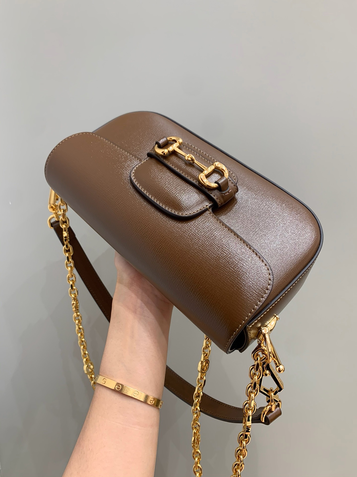 Gucci horsebit baguette brown cow leather chain crossbody bag