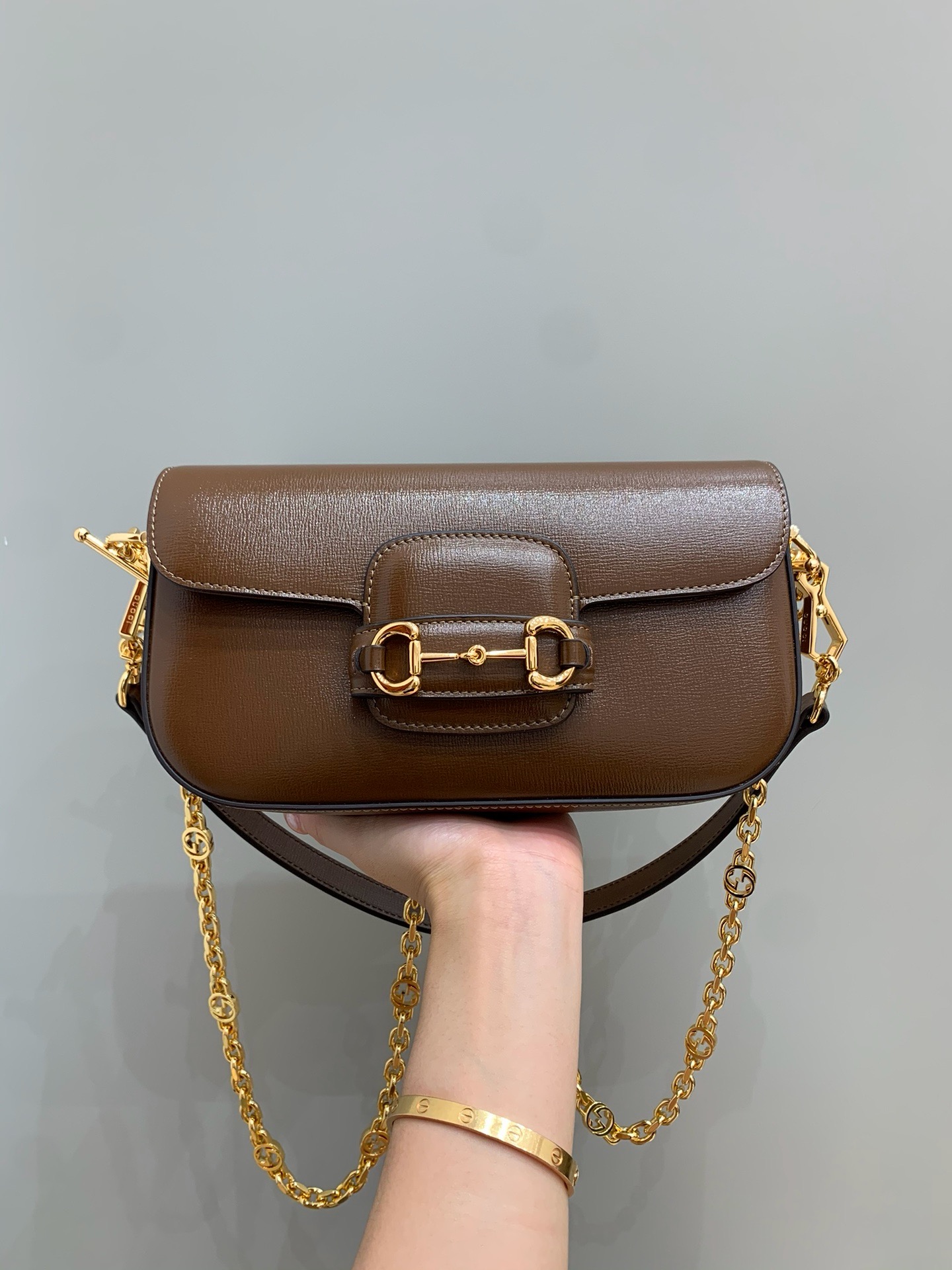 Gucci horsebit baguette brown cow leather chain crossbody bag