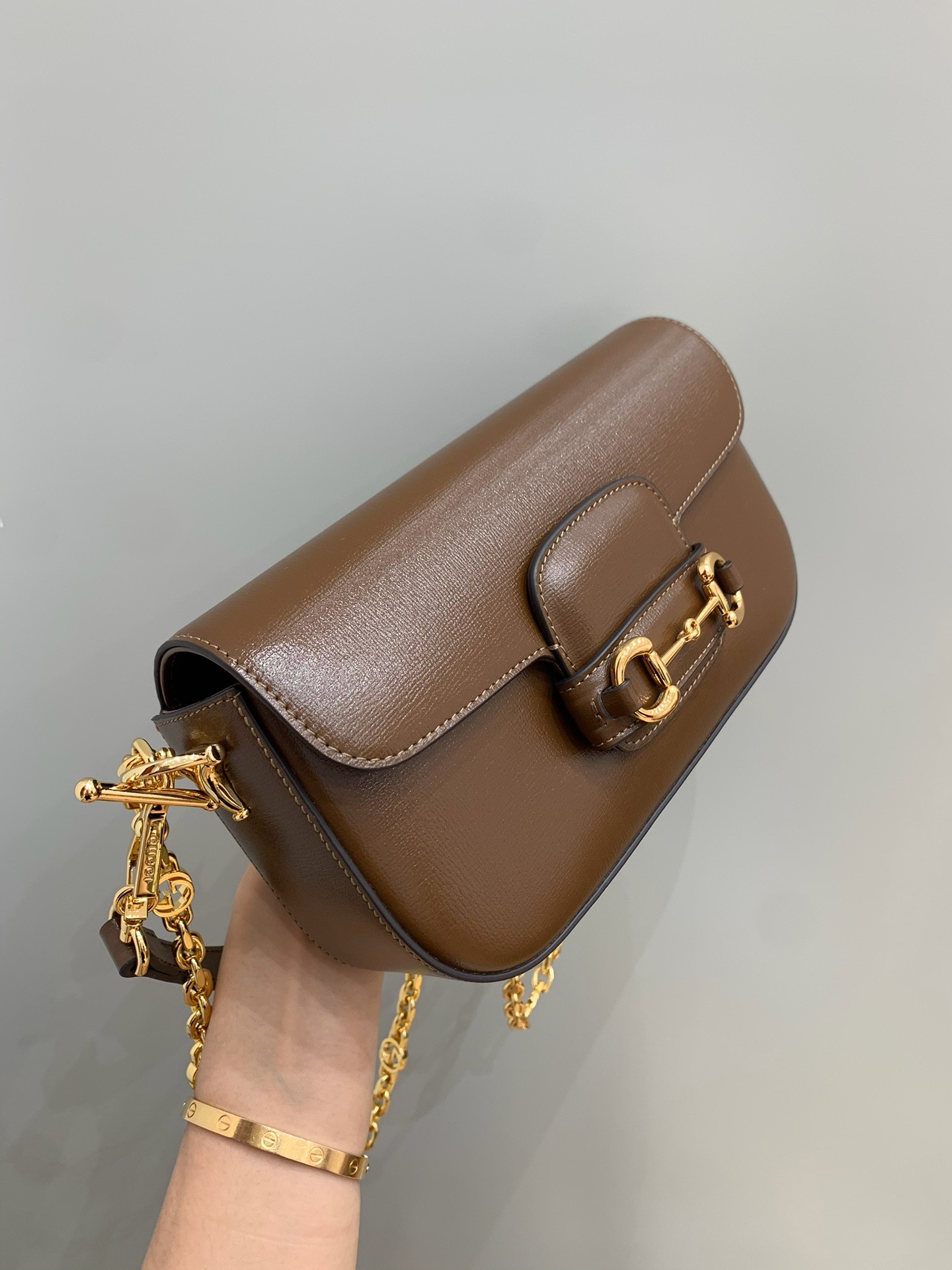 Gucci horsebit baguette brown cow leather chain crossbody bag