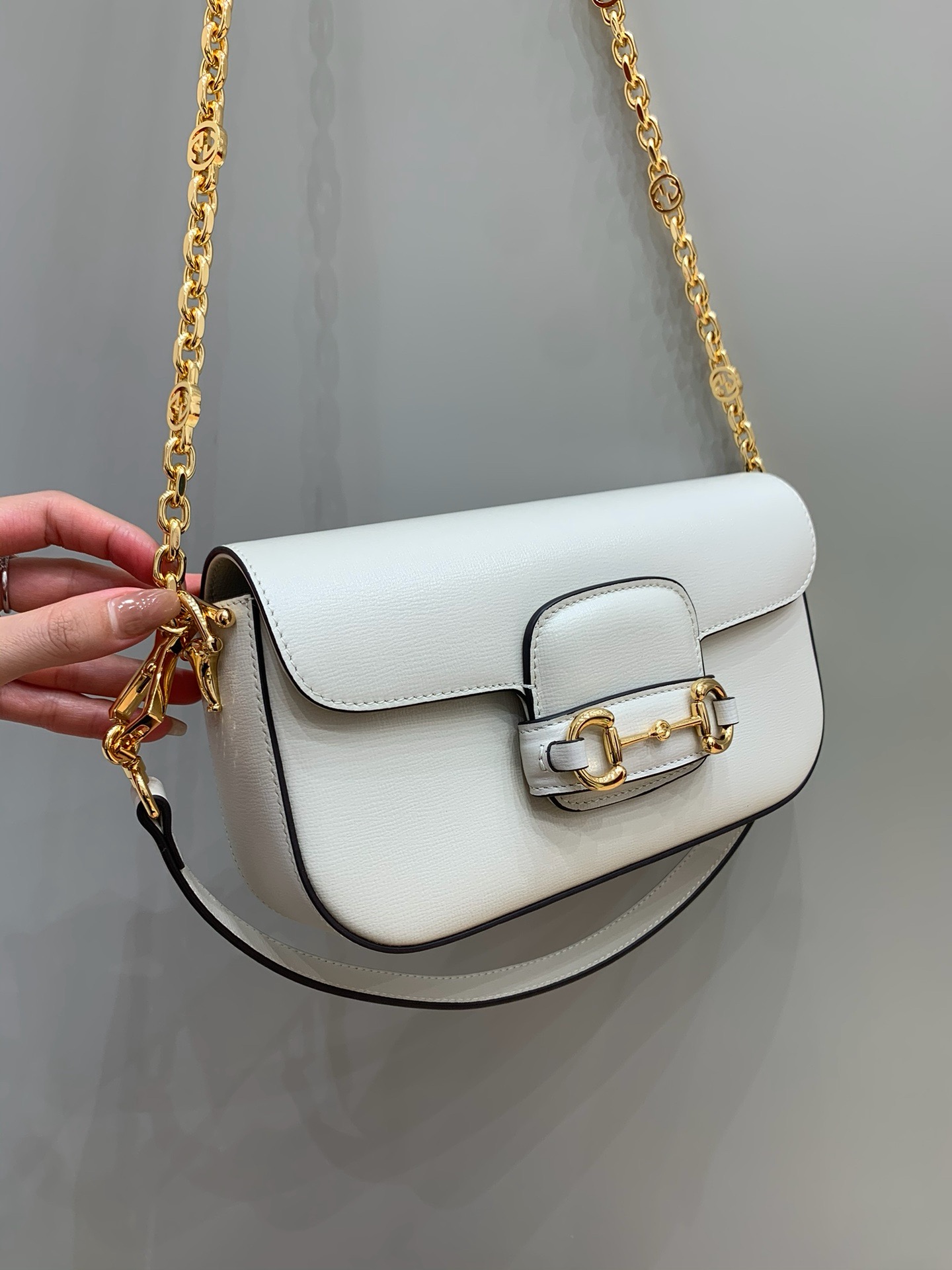 Gucci horsebit baguette white cow leather chain bag