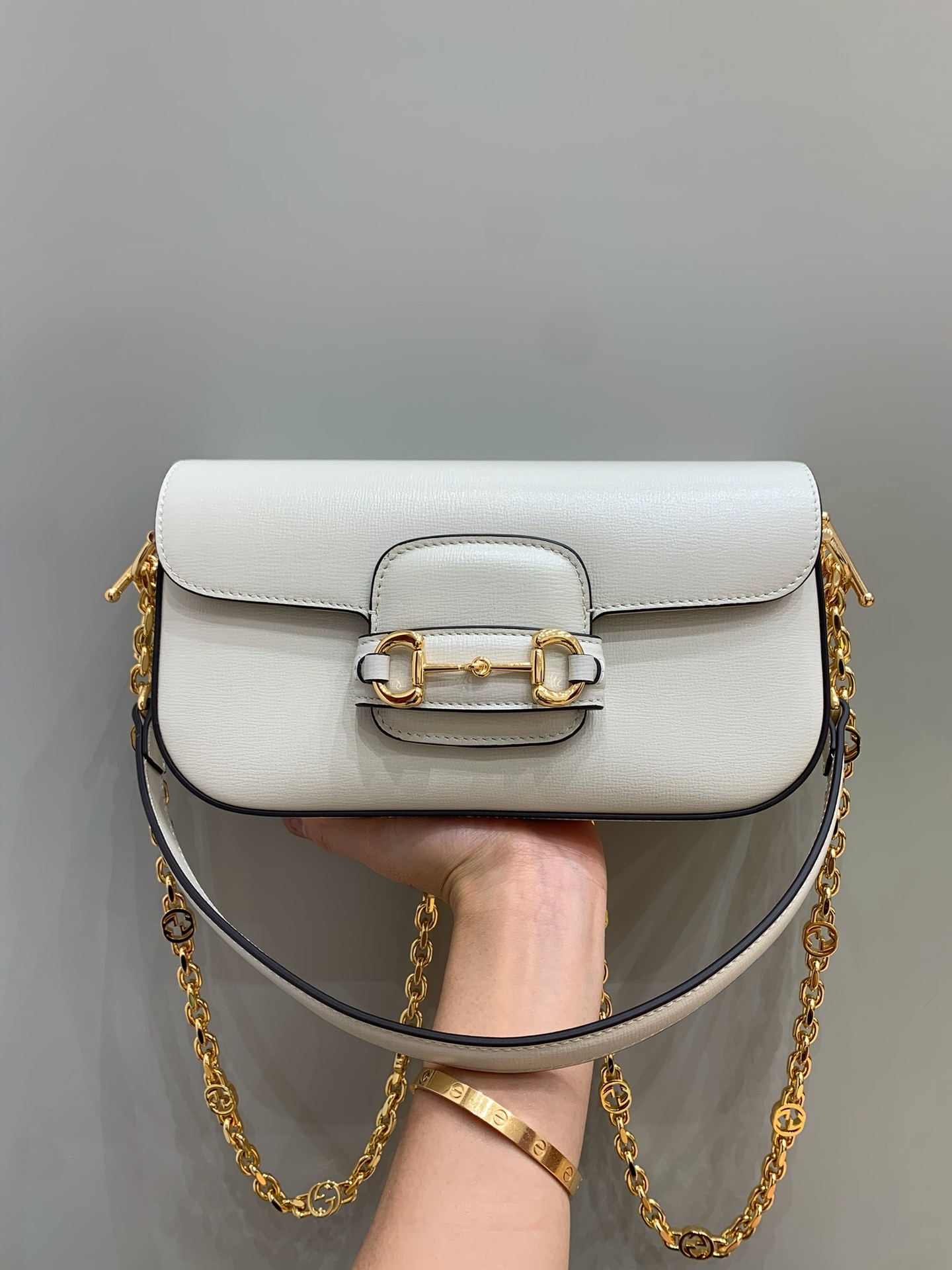Gucci horsebit baguette white cow leather chain bag