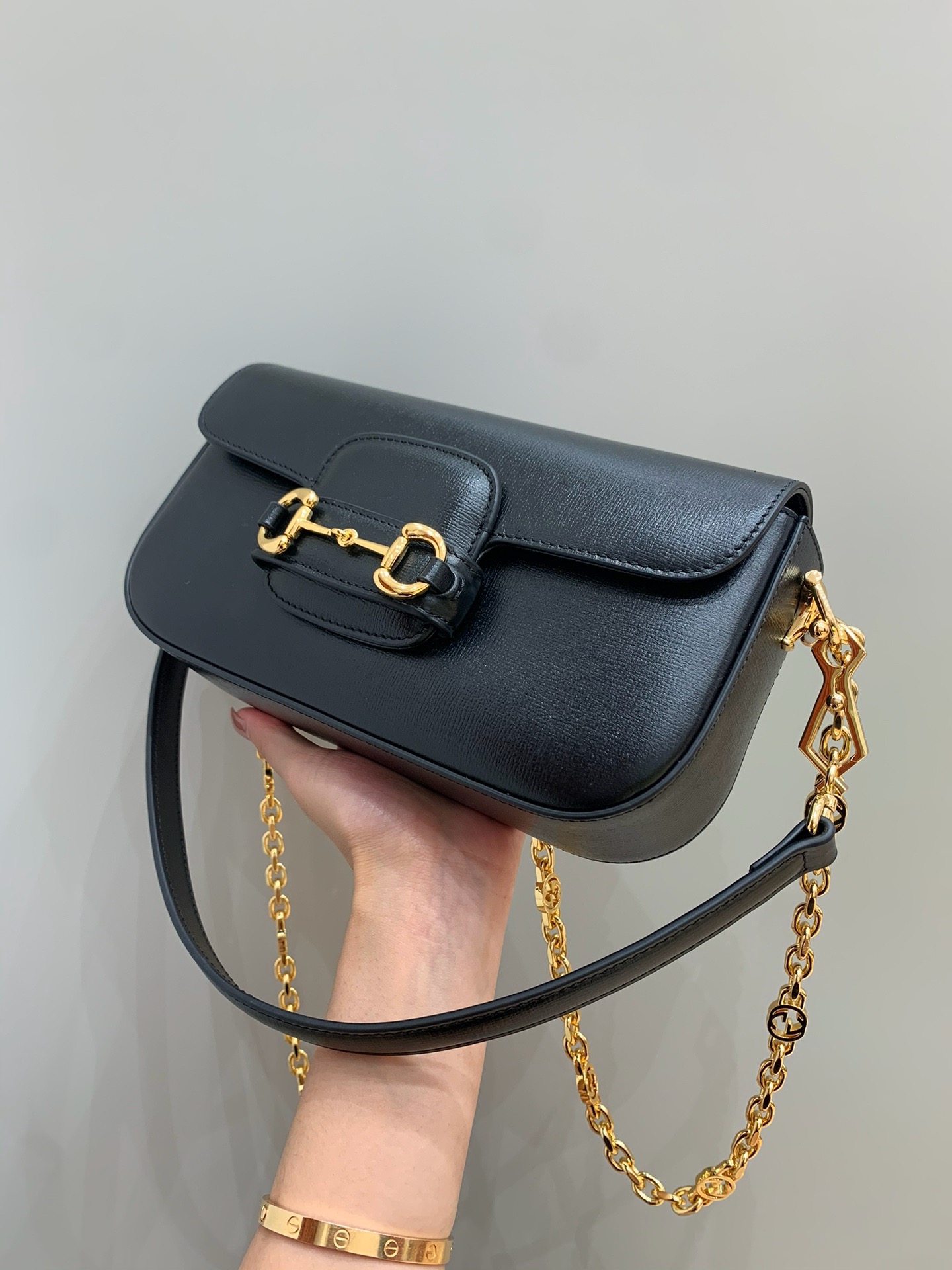 Gucci horsebit baguette black cow leather chain crossbody bag