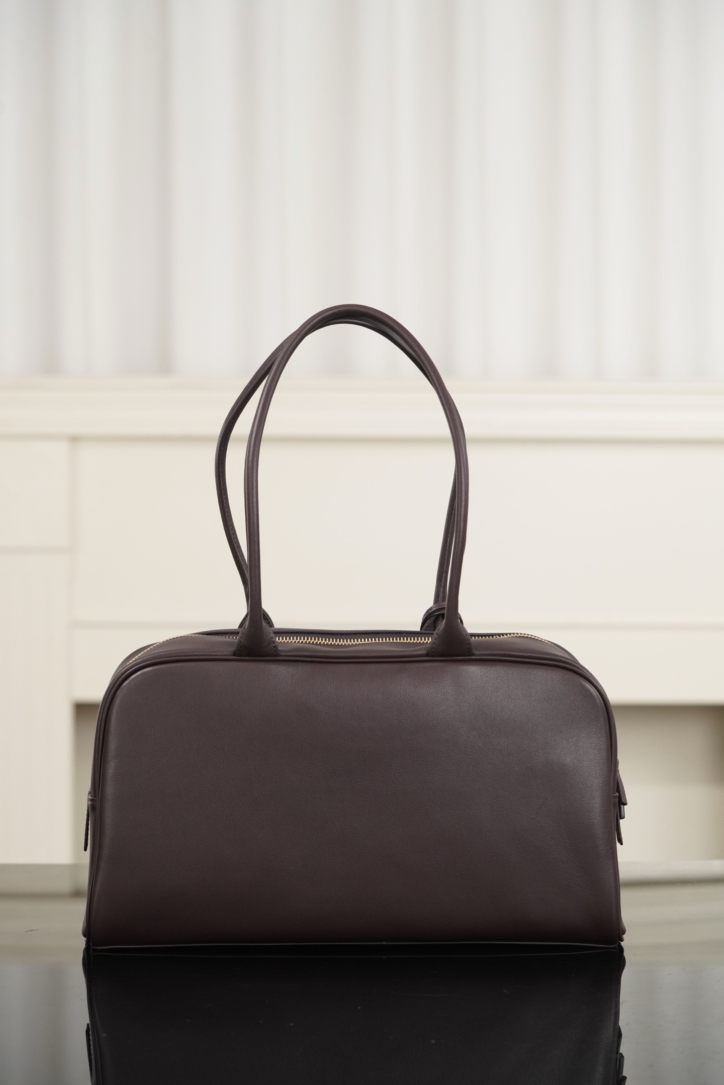 Coffee Calfskin Large Bowling Handbag