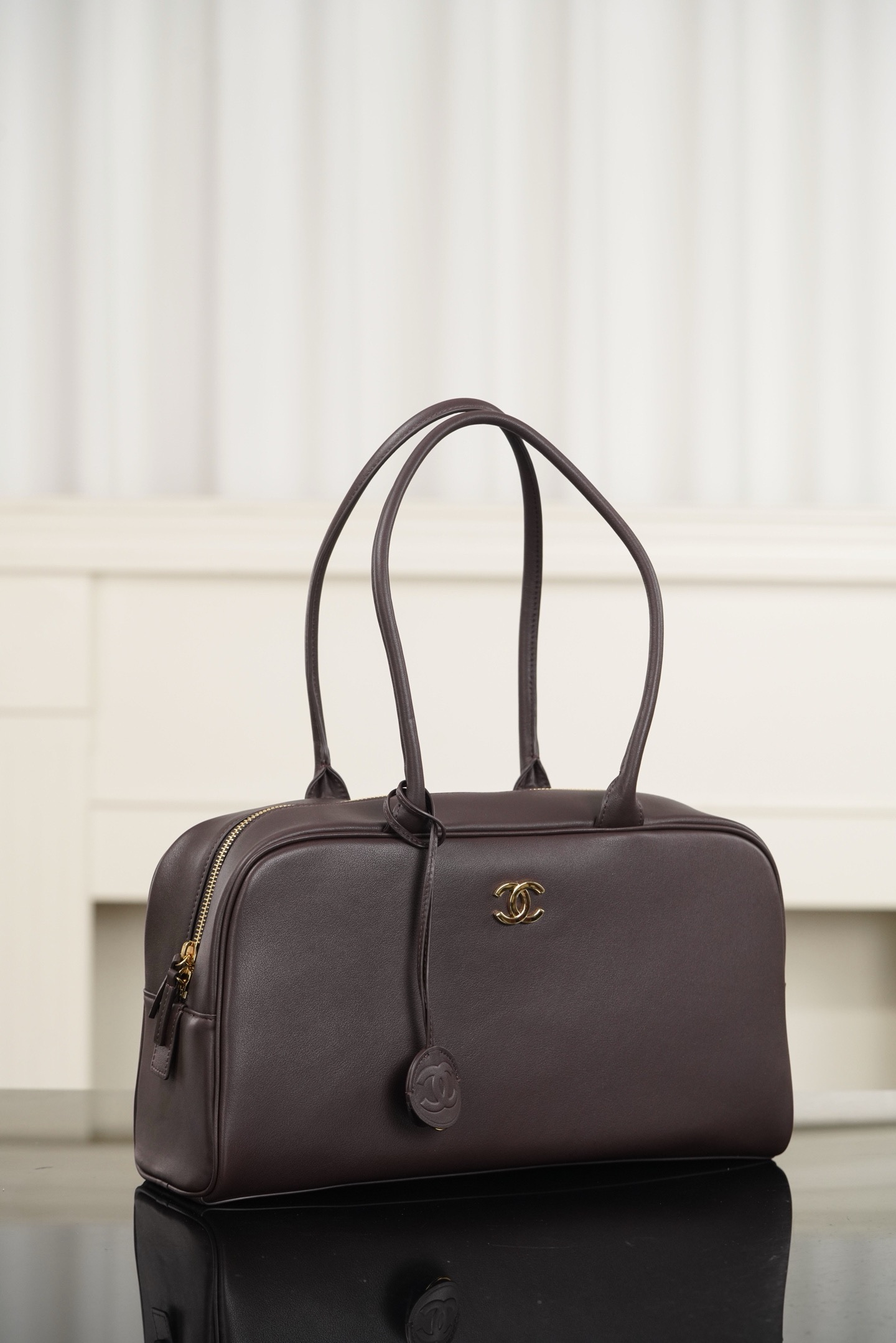 Coffee Calfskin Large Bowling Handbag