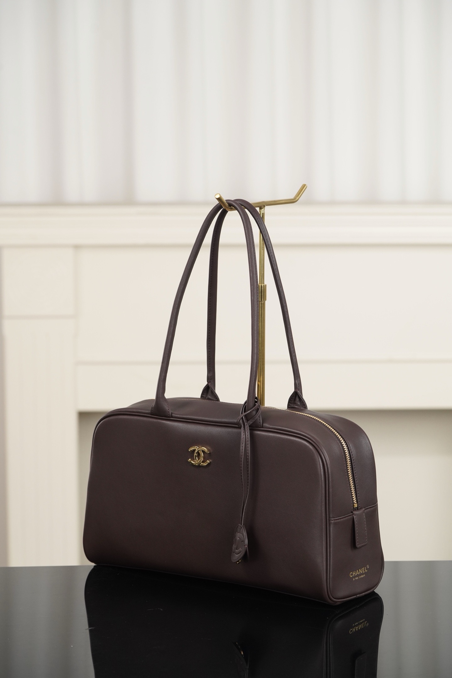 Coffee Calfskin Large Bowling Handbag