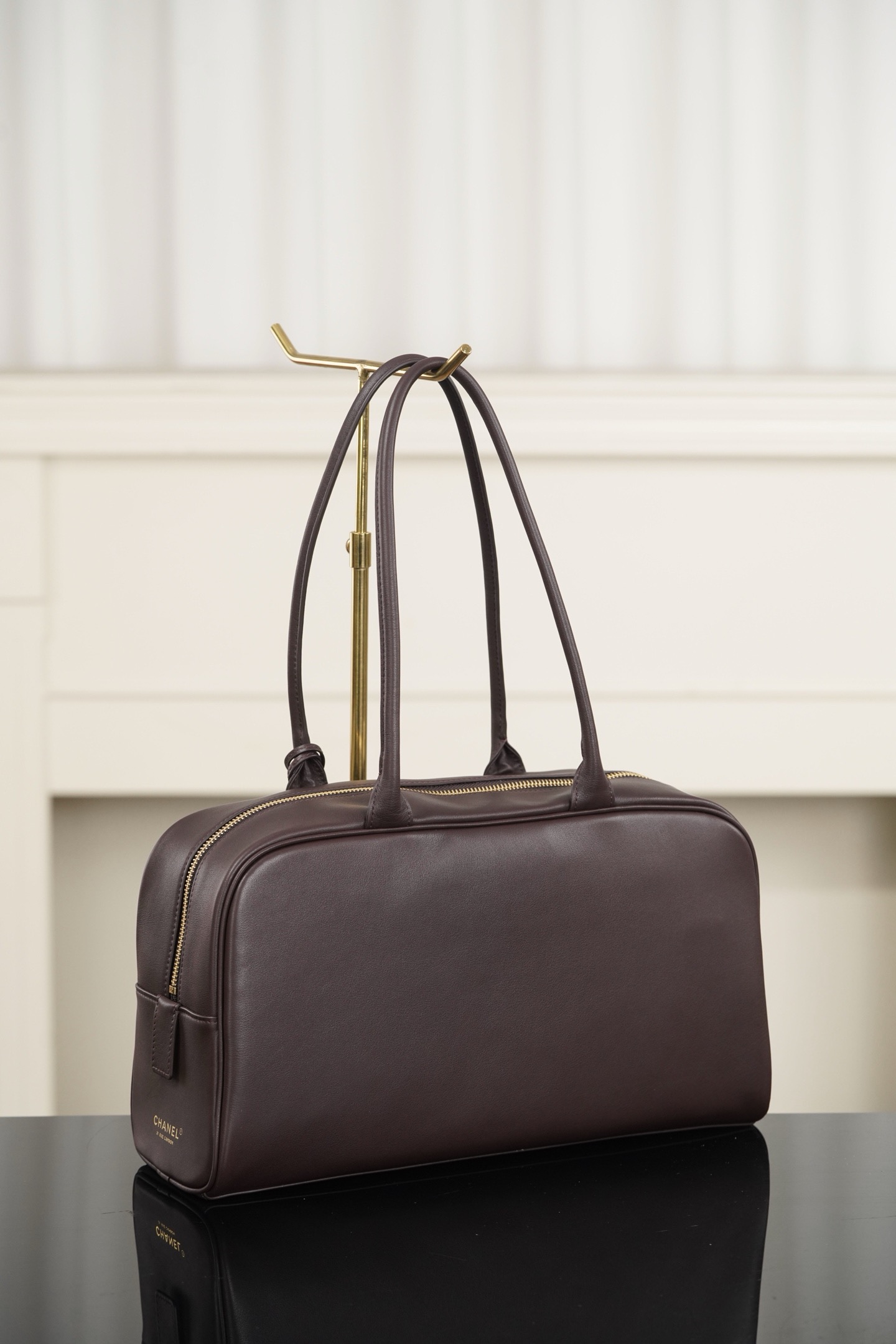 Coffee Calfskin Large Bowling Handbag