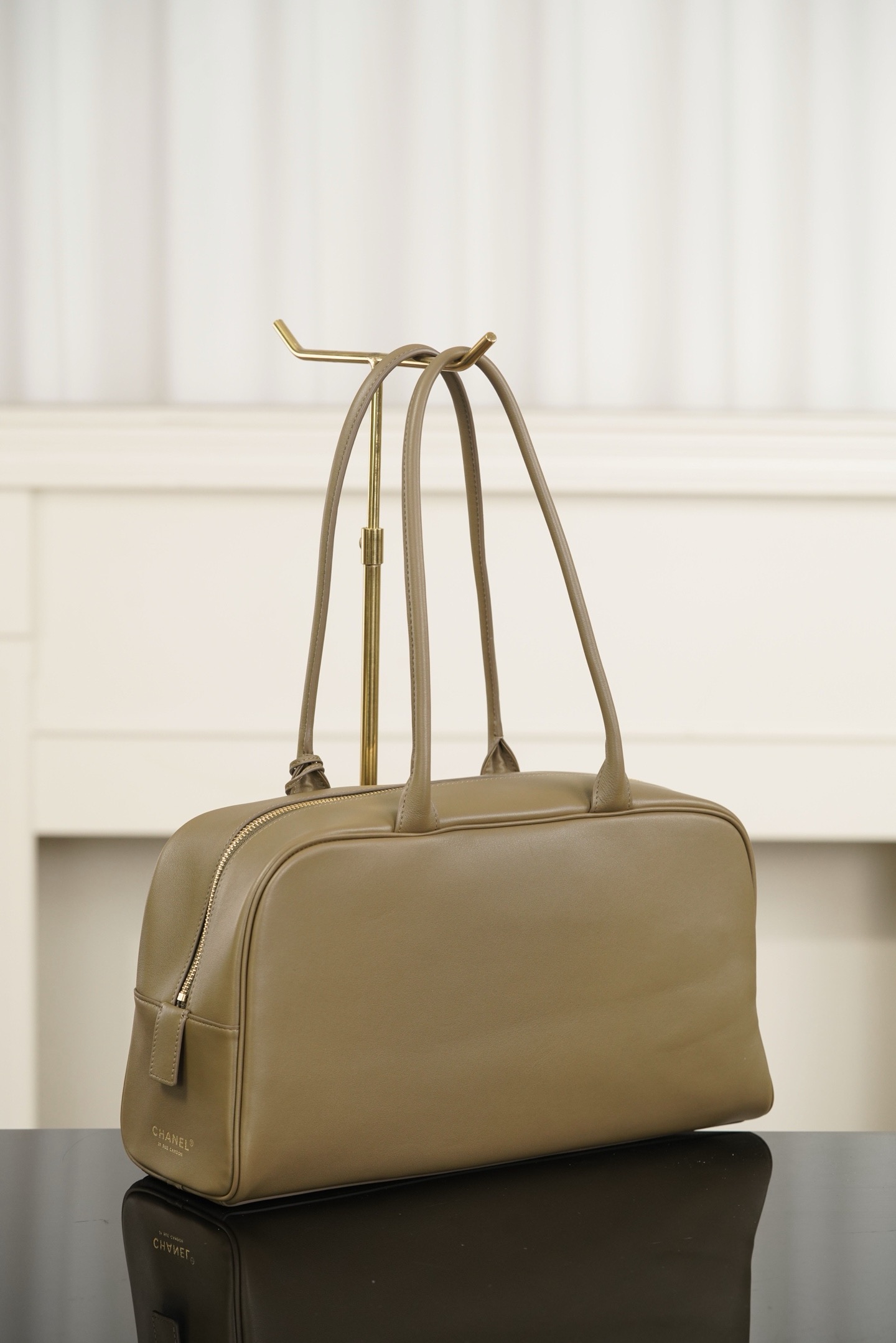 Chanel Khaki Calfskin Large Bowling Handbag