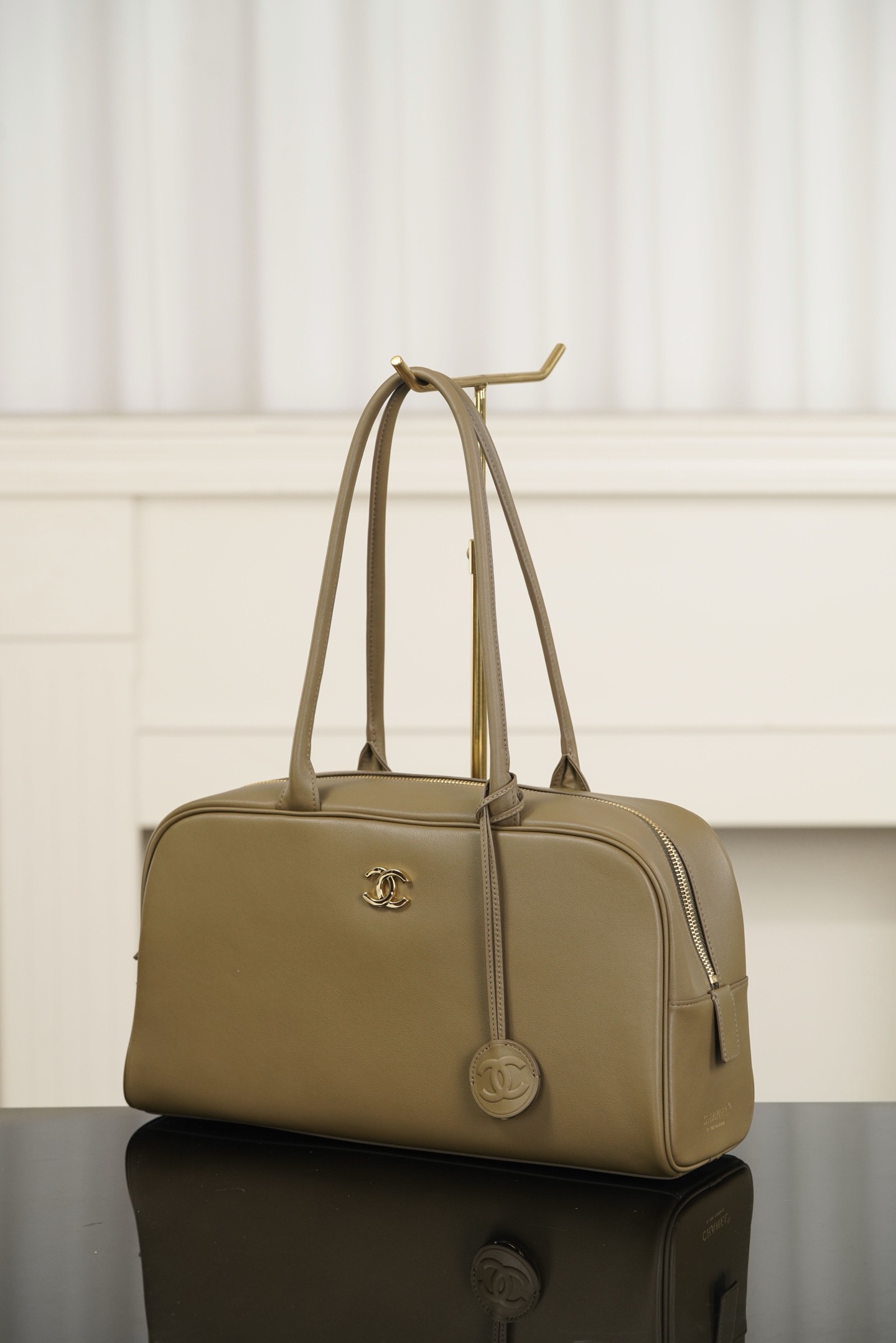 Chanel Khaki Calfskin Large Bowling Handbag