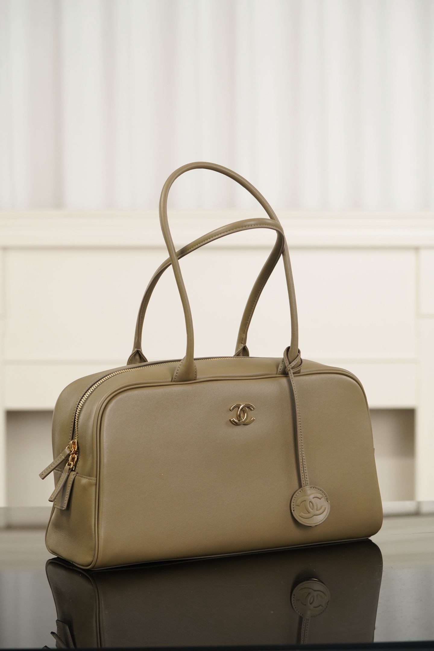 Chanel Khaki Calfskin Large Bowling Handbag