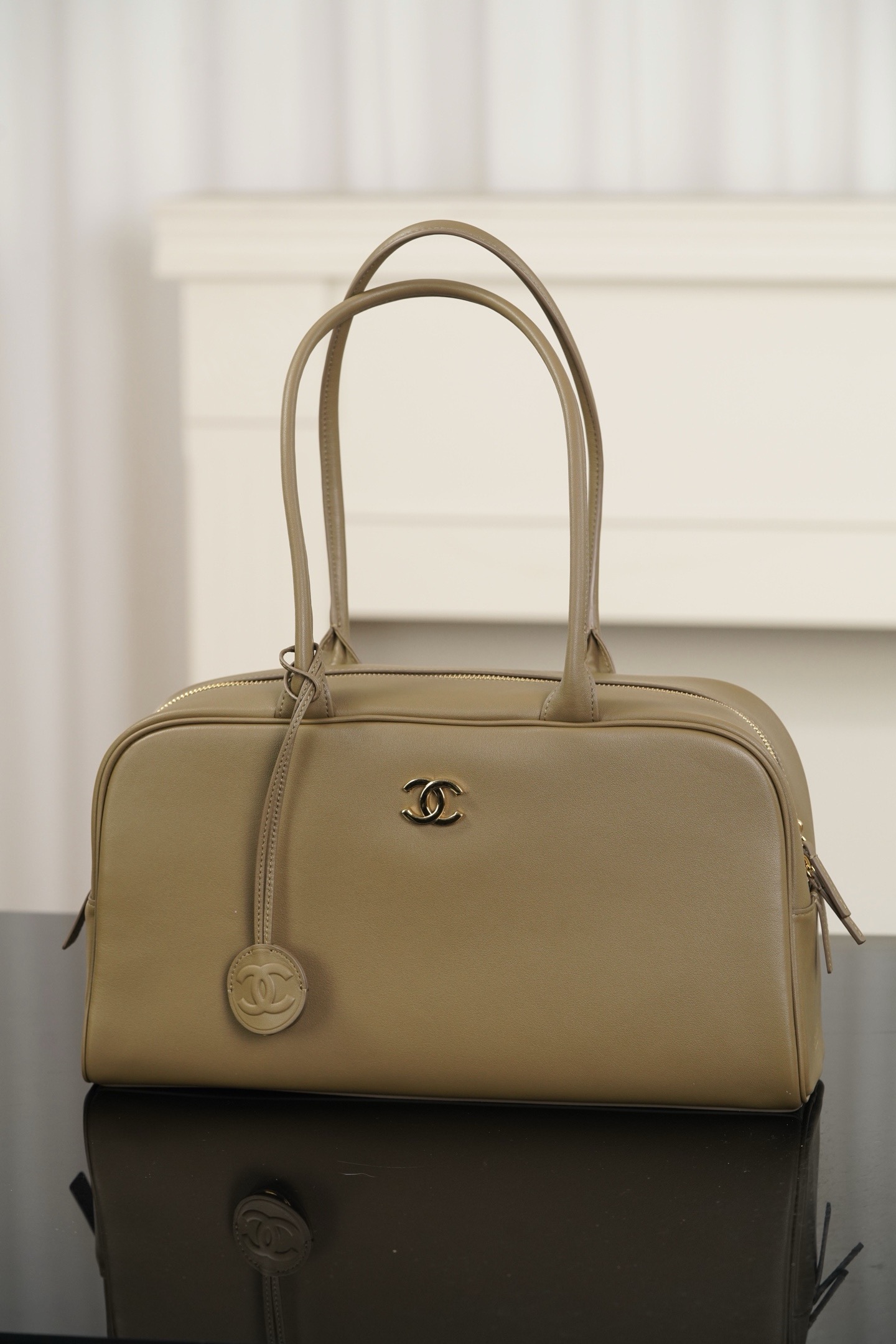 Chanel Khaki Calfskin Large Bowling Handbag