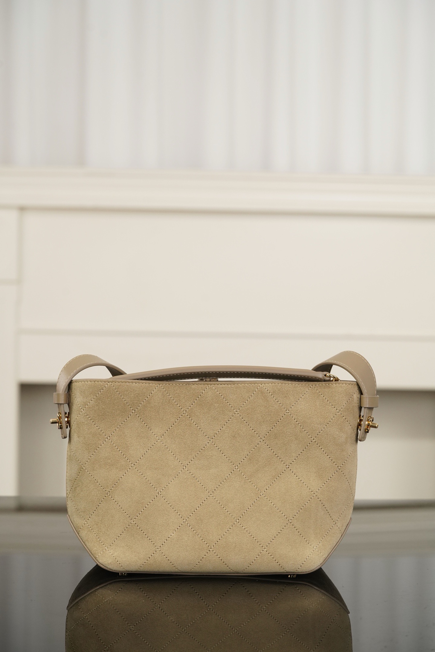 Chanel Beige Suede Quilted Bucket Crossbody Bag