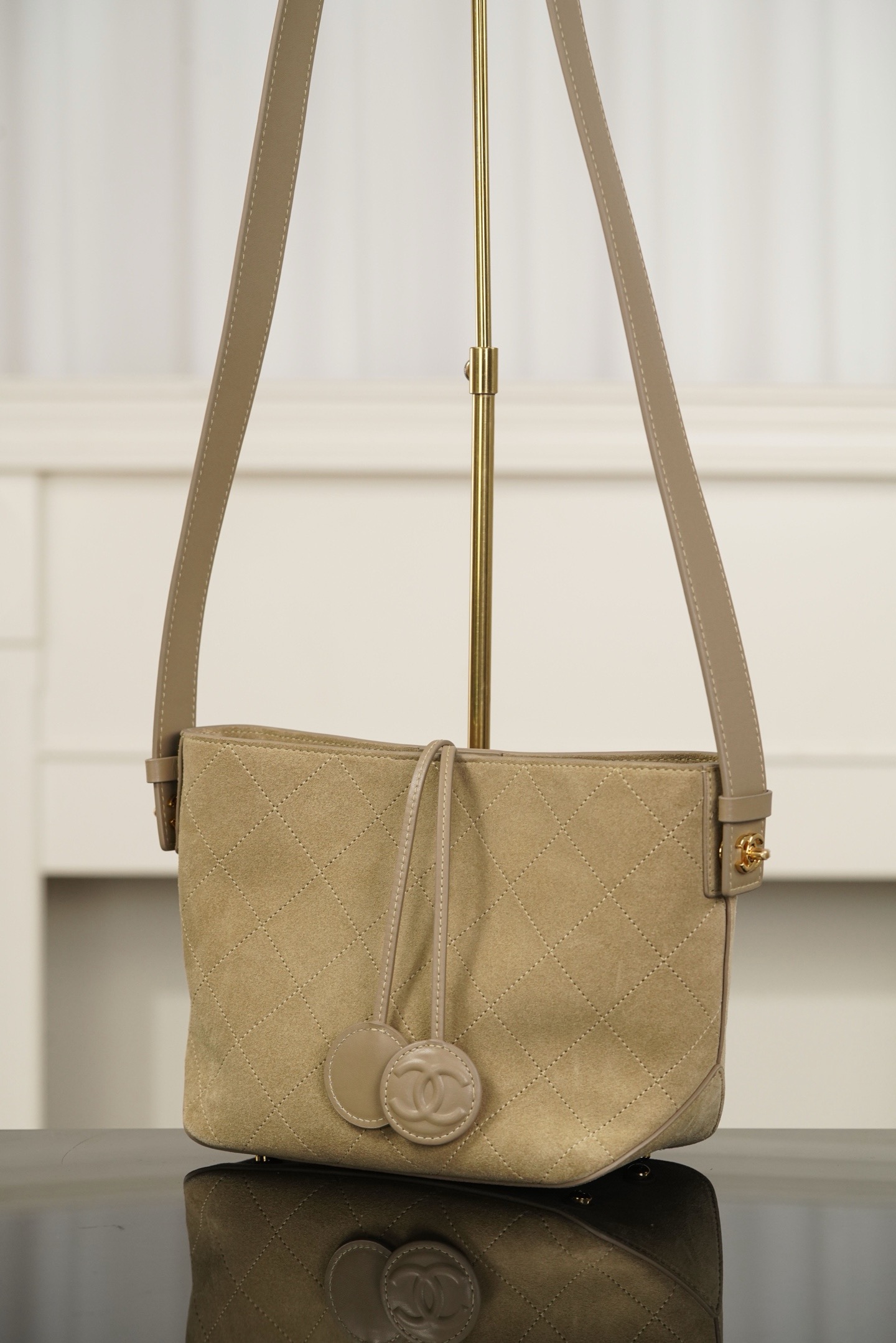 Chanel Beige Suede Quilted Bucket Crossbody Bag