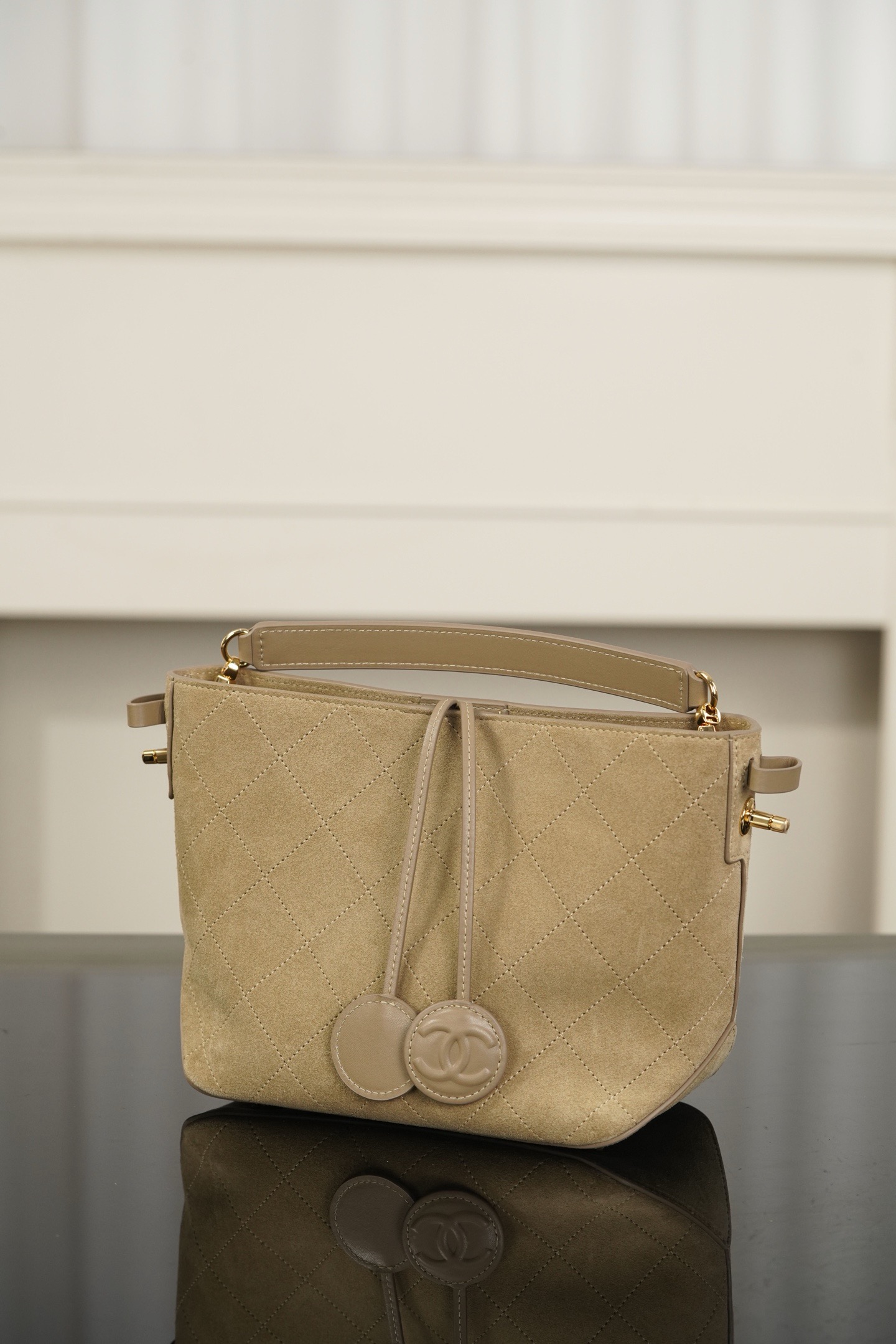 Chanel Beige Suede Quilted Bucket Crossbody Bag