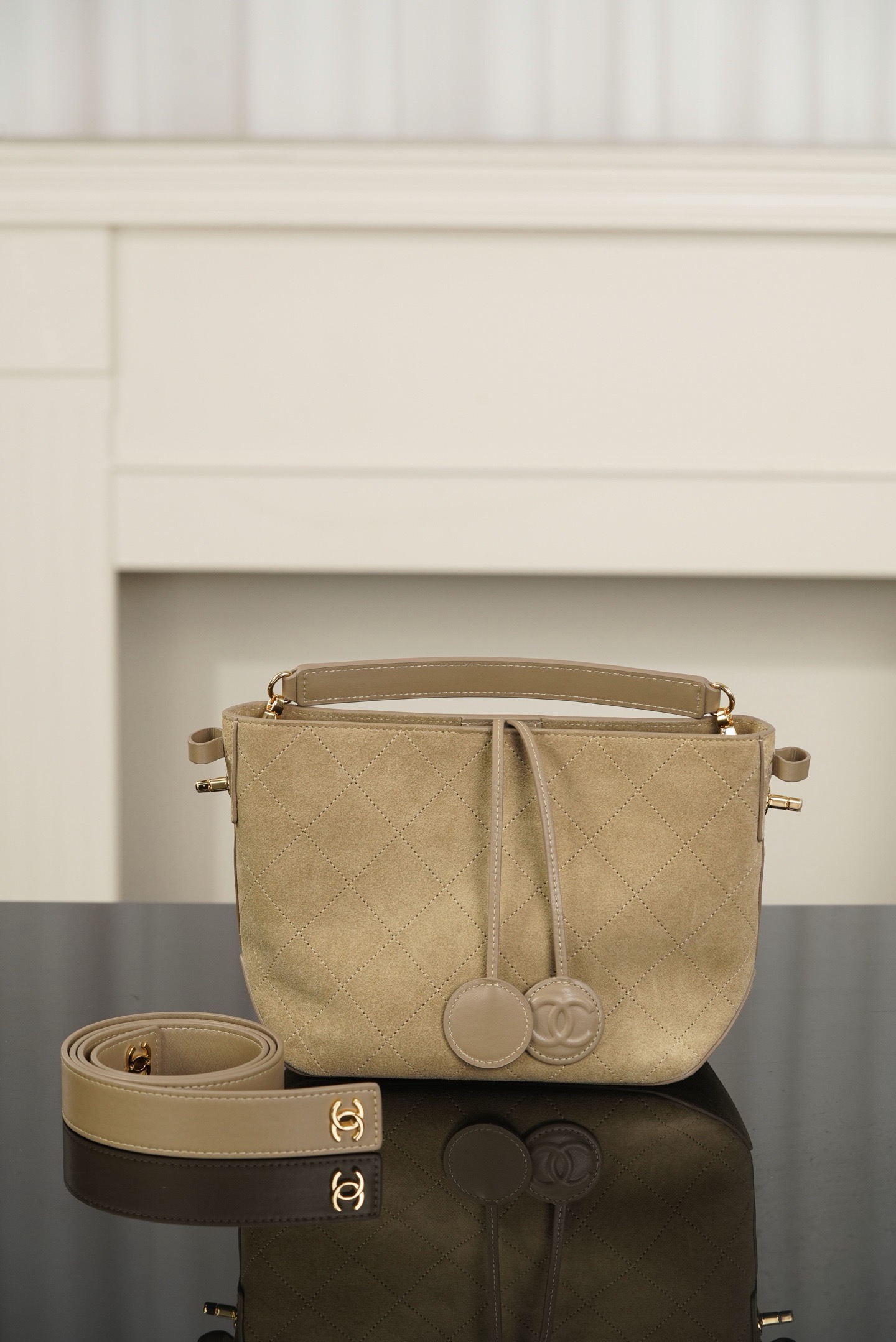 Chanel Beige Suede Quilted Bucket Crossbody Bag