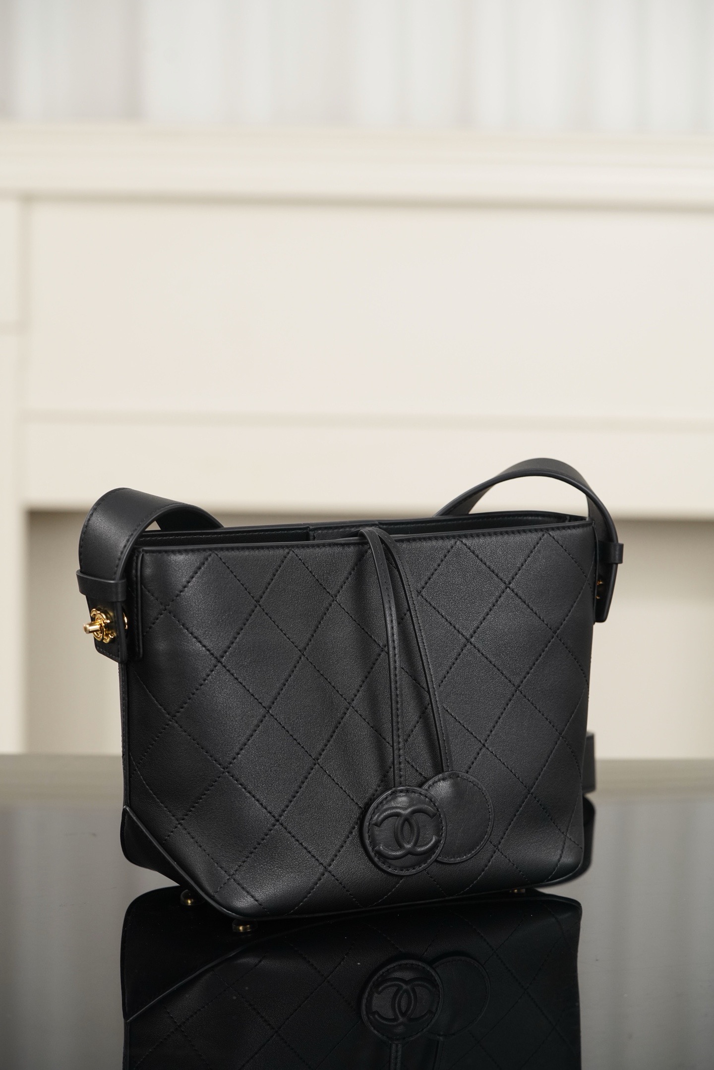 Chanel Black Calfskin Quilted Bucket Crossbody Bag