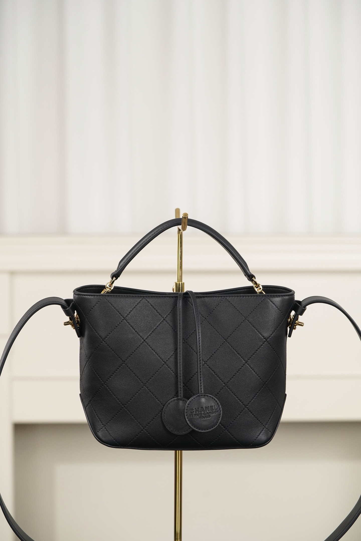 Chanel Black Calfskin Quilted Bucket Crossbody Bag
