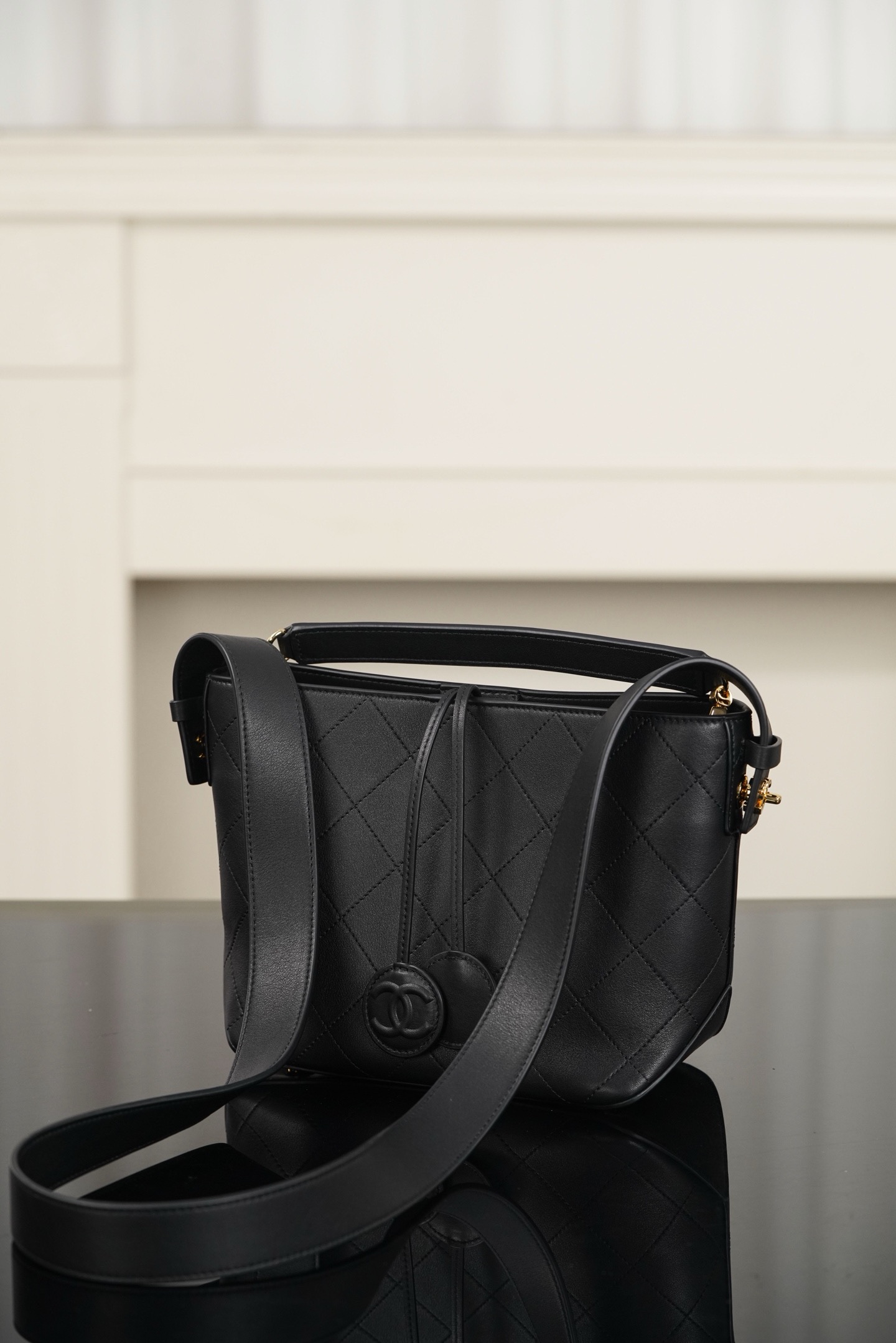Chanel Black Calfskin Quilted Bucket Crossbody Bag