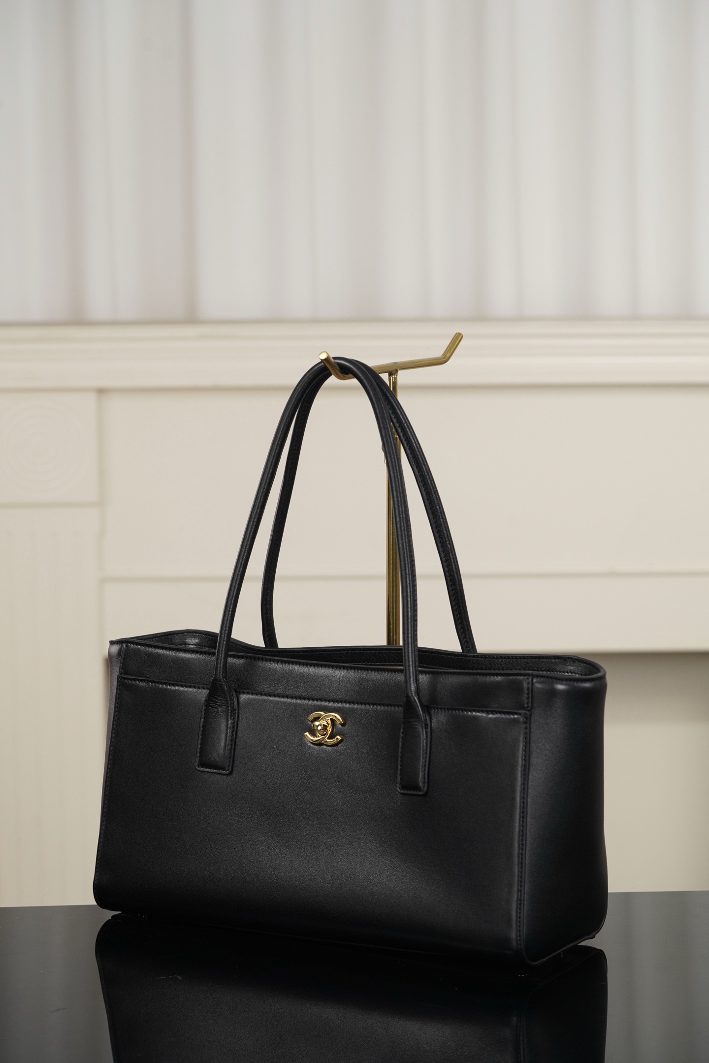 Chanel Black Gold Calfskin Cerf Tote Handbag