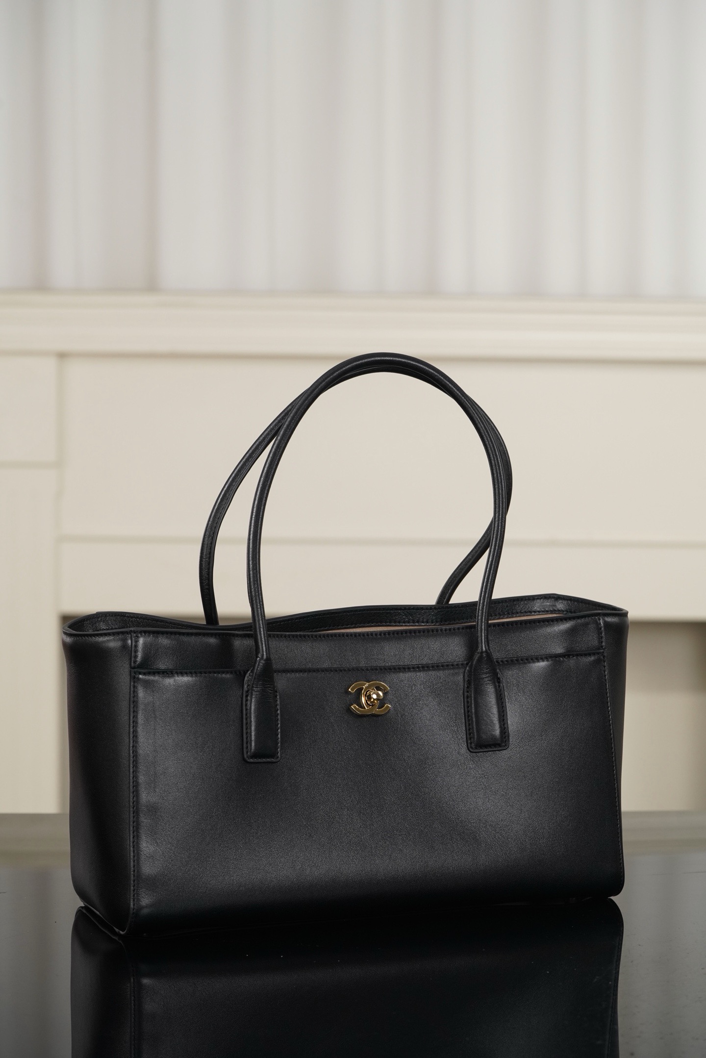 Chanel Black Gold Calfskin Cerf Tote Handbag