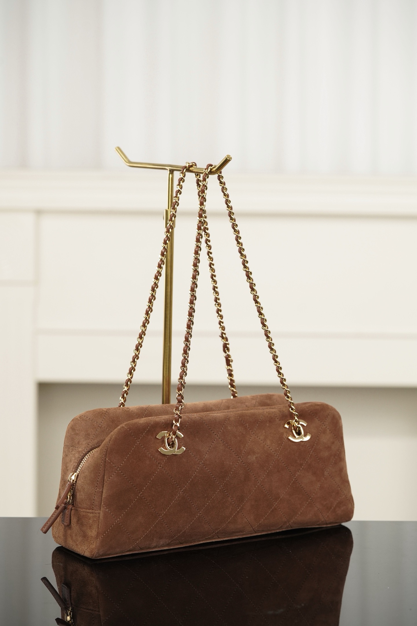 Brown suede Chanel 26A chain baguette bag