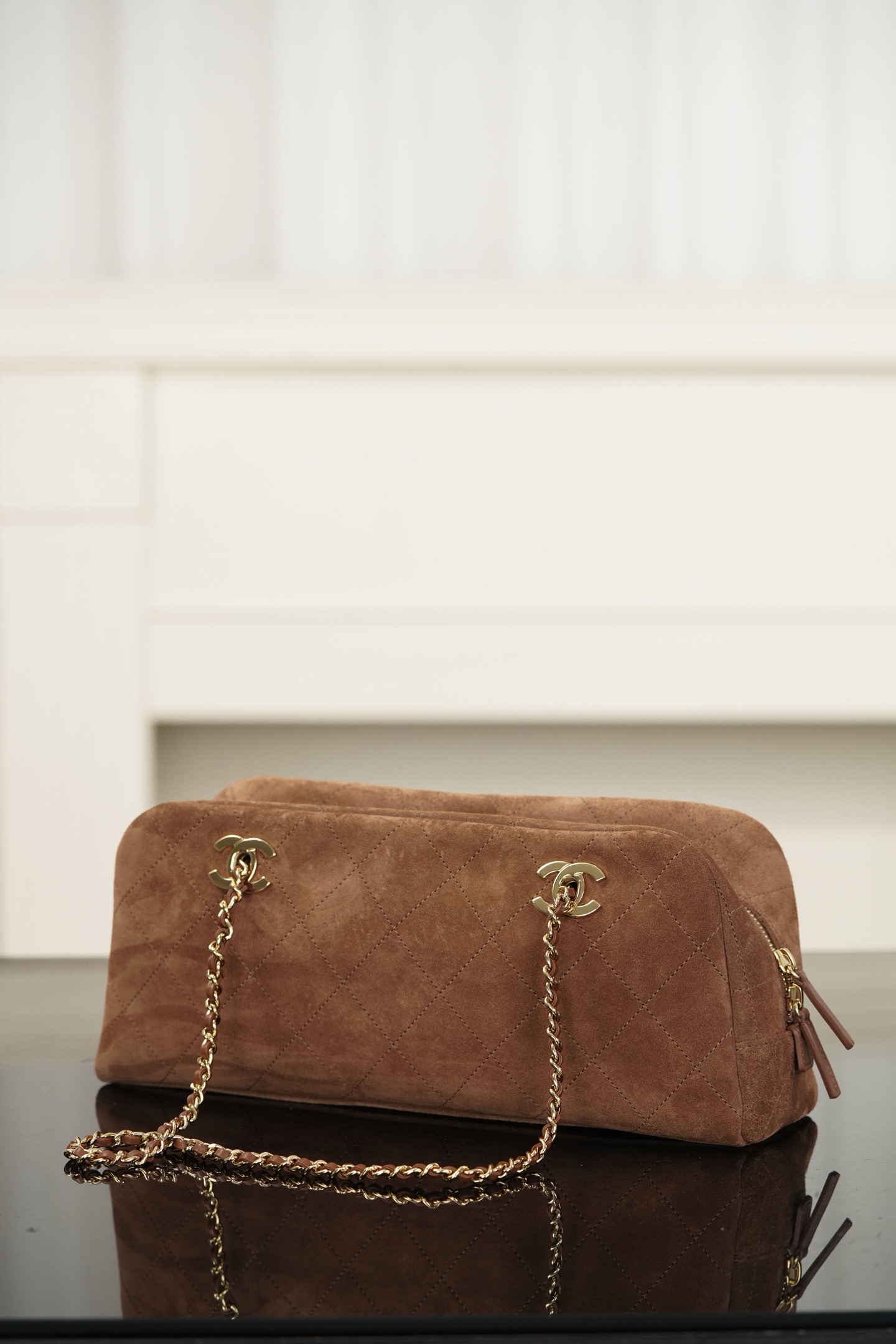 Brown suede Chanel 26A chain baguette bag