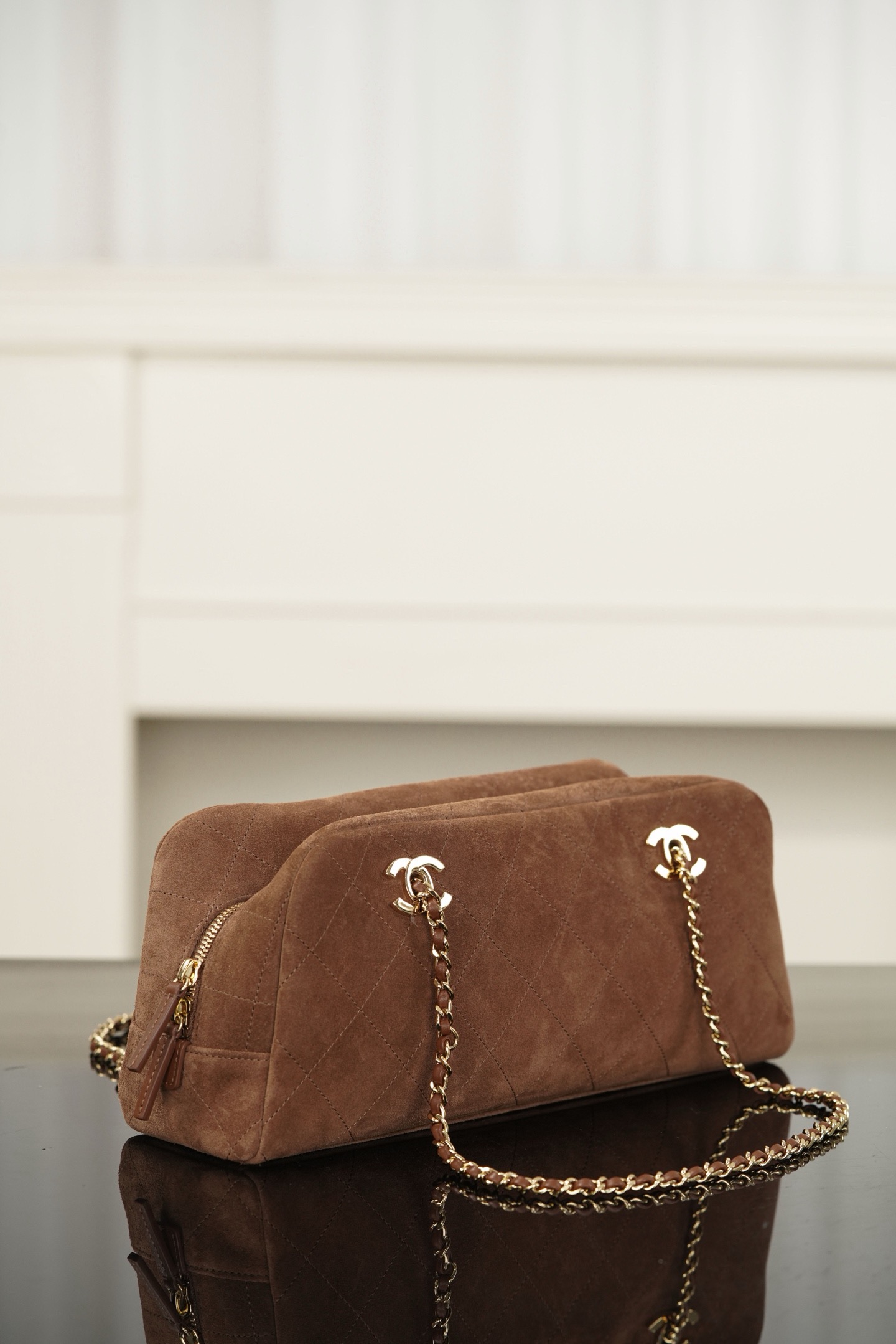 Brown suede Chanel 26A chain baguette bag