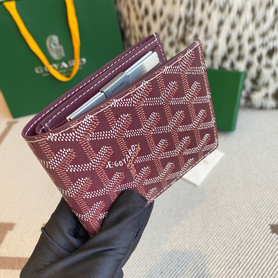 New GOYARD Burgundy Classic Printed Bifold Wallet Sheepskin Lining Multi-Card Holder With Coin Pocket
