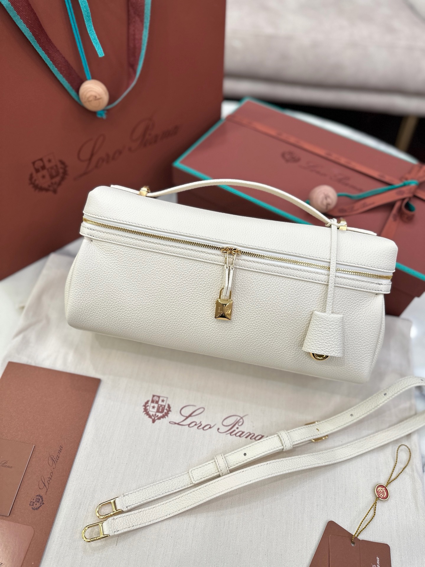 Loro Piana Extra Softy Bag L33 white calfskin gold hardware hand shoulder bag