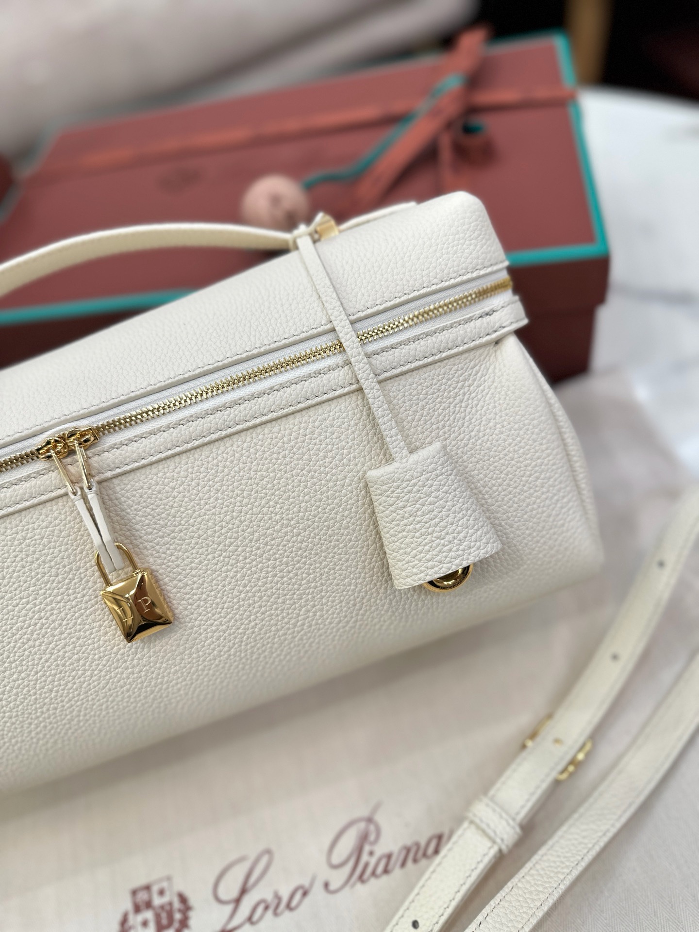 Loro Piana Extra Softy Bag L33 white calfskin gold hardware hand shoulder bag