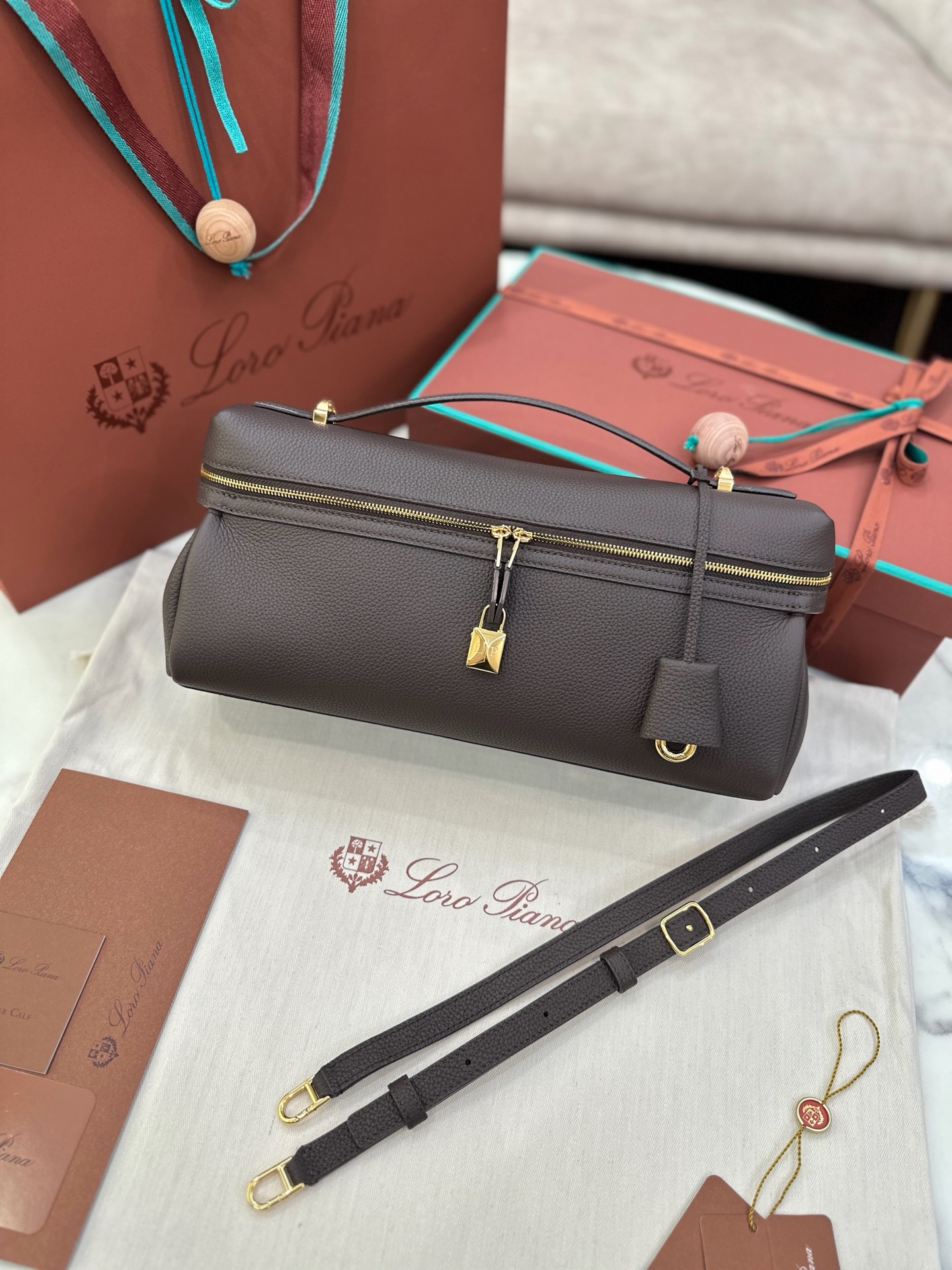 Loro Piana Extra Softy Bag L33 coffee calfskin gold hardware crossbody bag