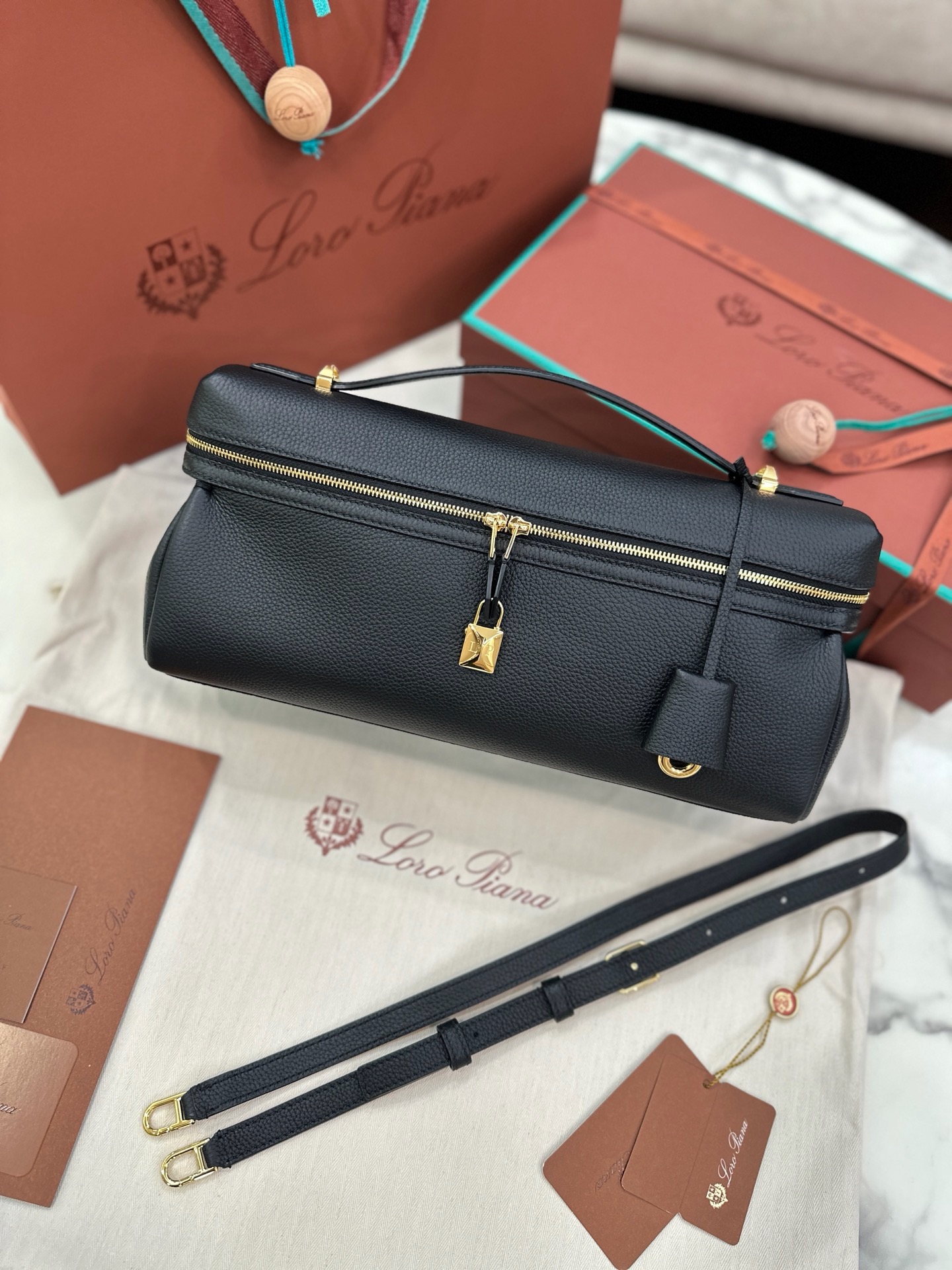 Loro Piana Extra Softy Bag L33 black leather gold crossbody bag
