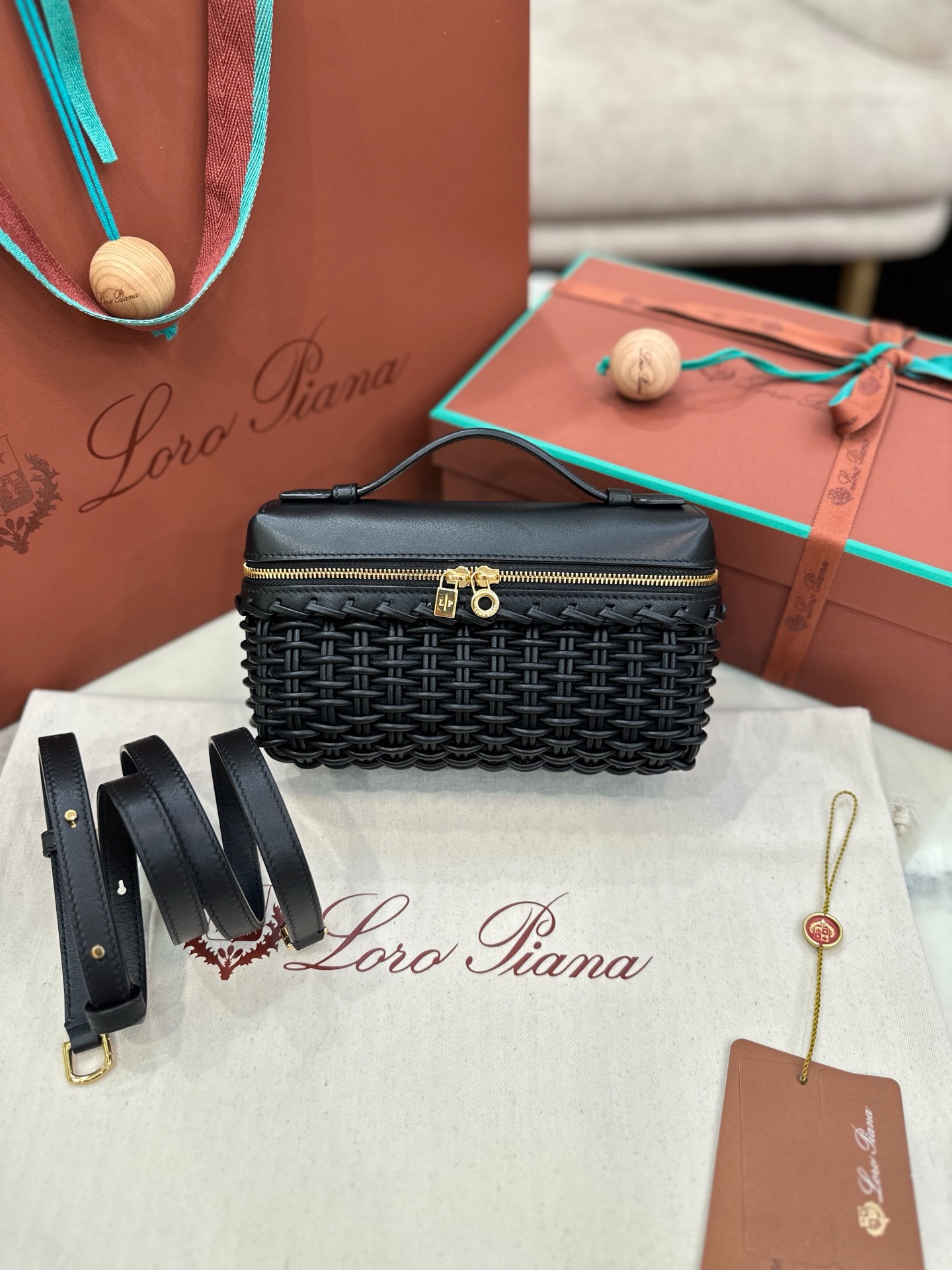 Loro Piana Extra Pocket L19 black bamboo woven leather clutch bag