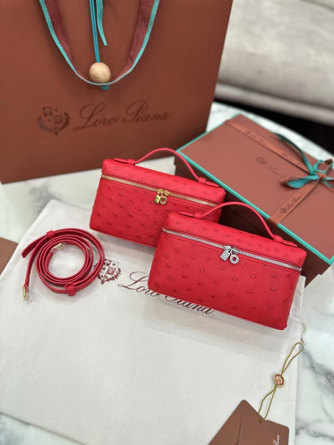 Loro Piana Extra Pocket L19 ostrich leather box bag