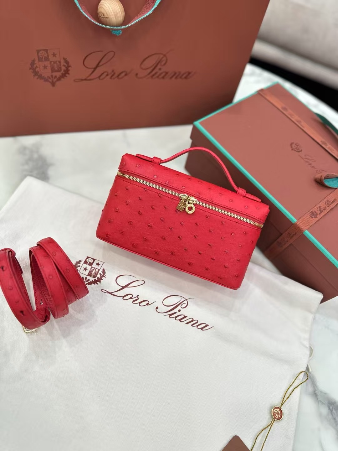 Loro Piana Extra Pocket L19 ostrich leather box bag