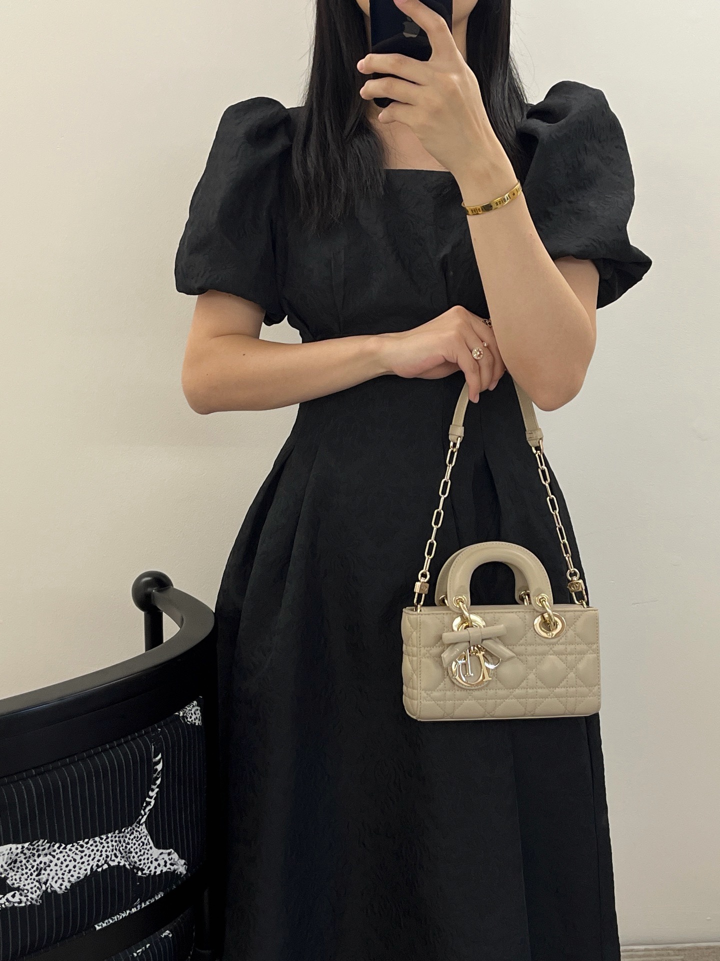 Wearing real shots of Dior mini Lady D-Joy cream apricot lambskin handbag