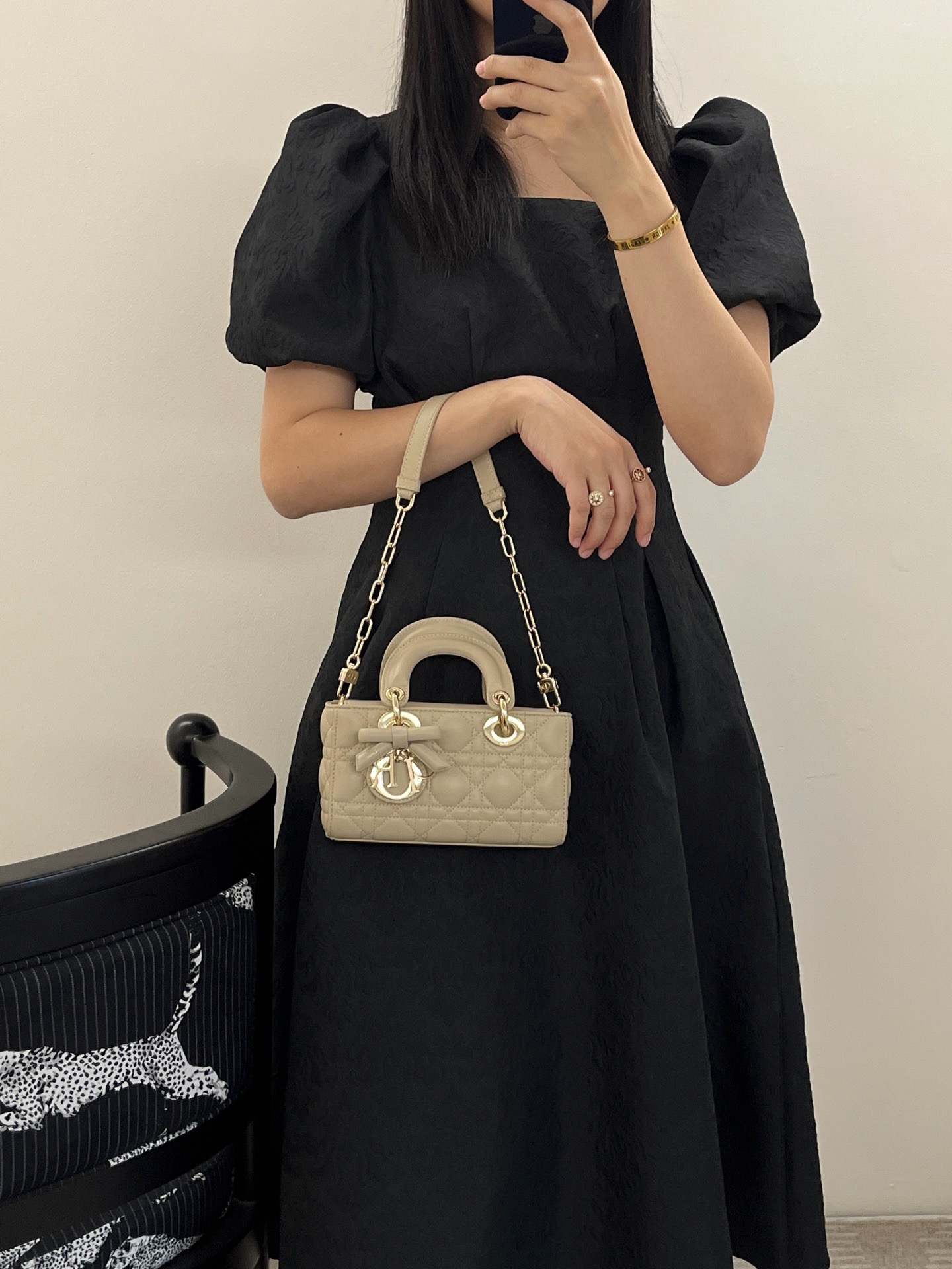 Wearing real shots of Dior mini Lady D-Joy cream apricot lambskin handbag